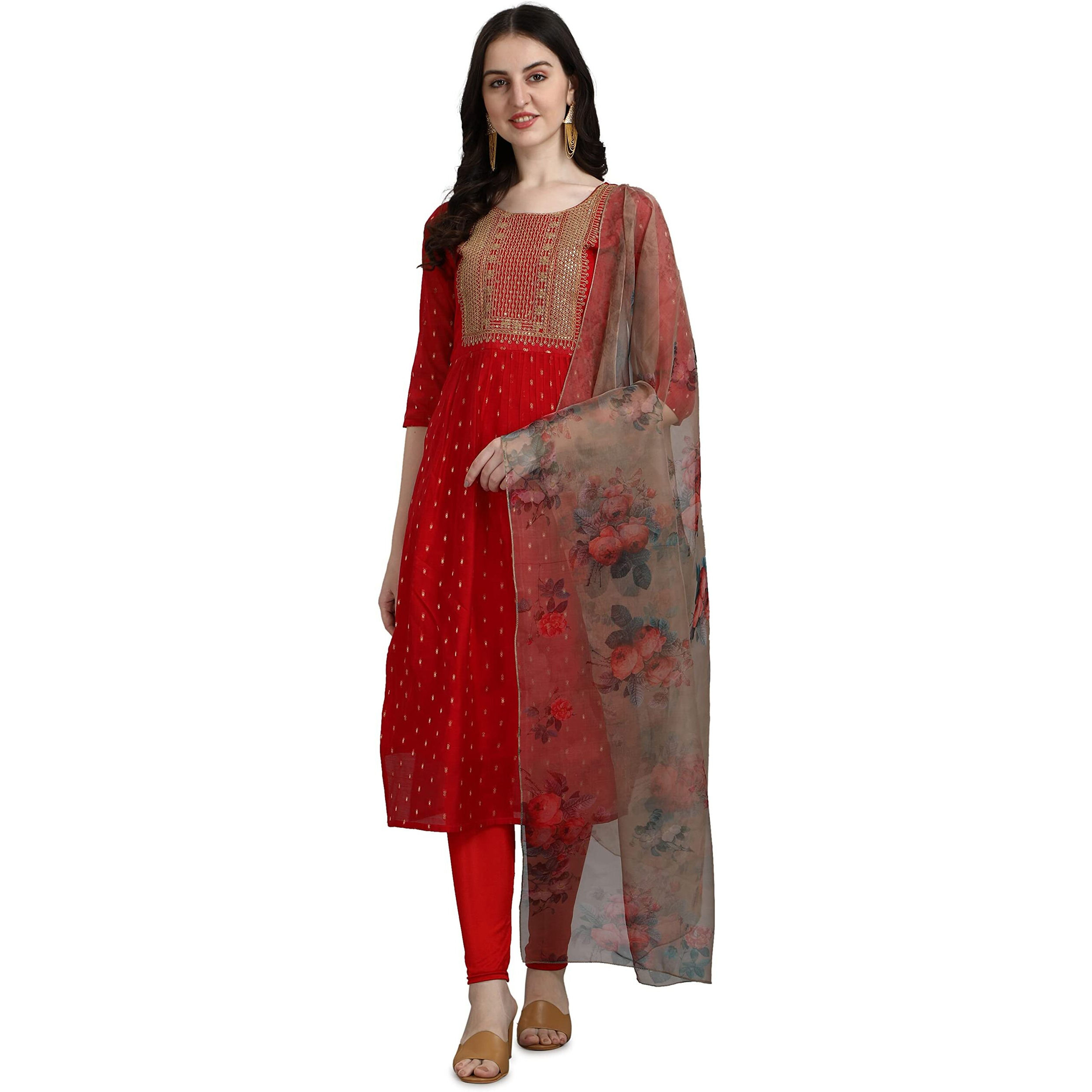 Vredevogel Women's Chanderi Modal Butti Kurta With Stretchable Leggings & Organza Dupatta Set (Red_Xx-Large)