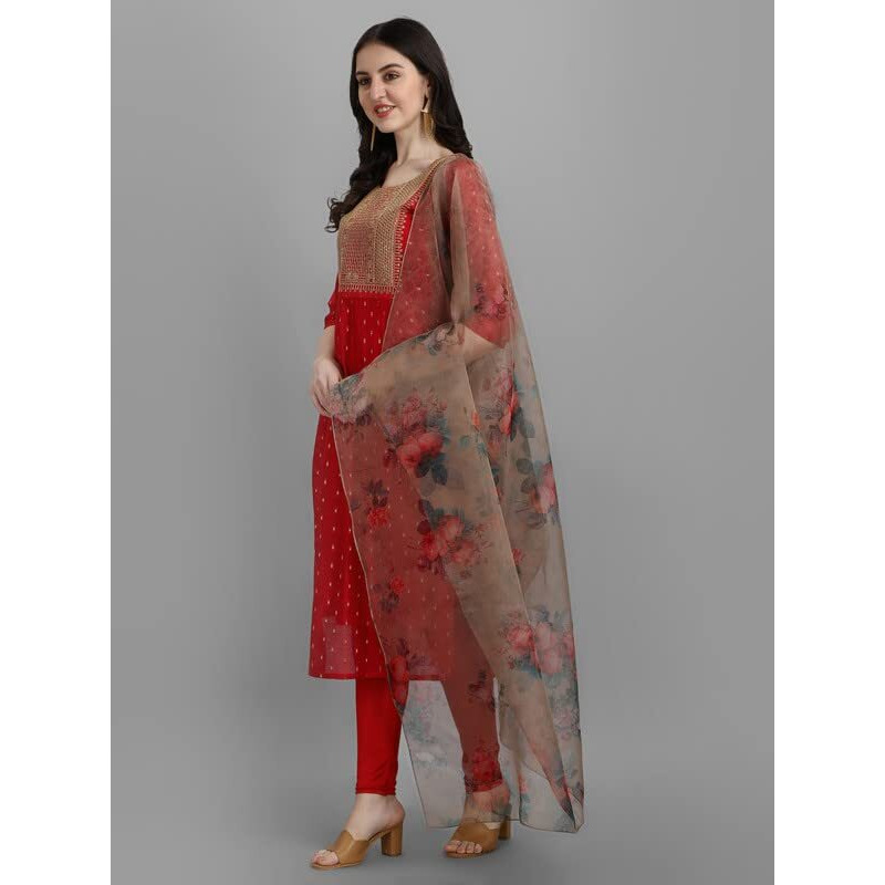 Vredevogel Women's Chanderi Modal Butti Kurta With Stretchable Leggings & Organza Dupatta Set (Red_Xx-Large)