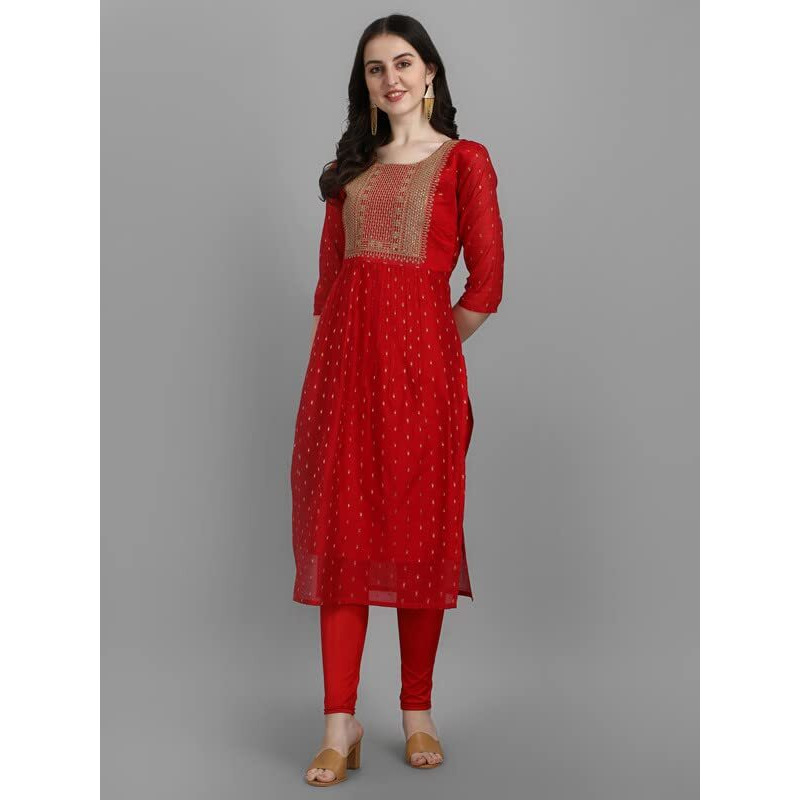 Vredevogel Women's Chanderi Modal Butti Kurta With Stretchable Leggings & Organza Dupatta Set (Red_Xx-Large)
