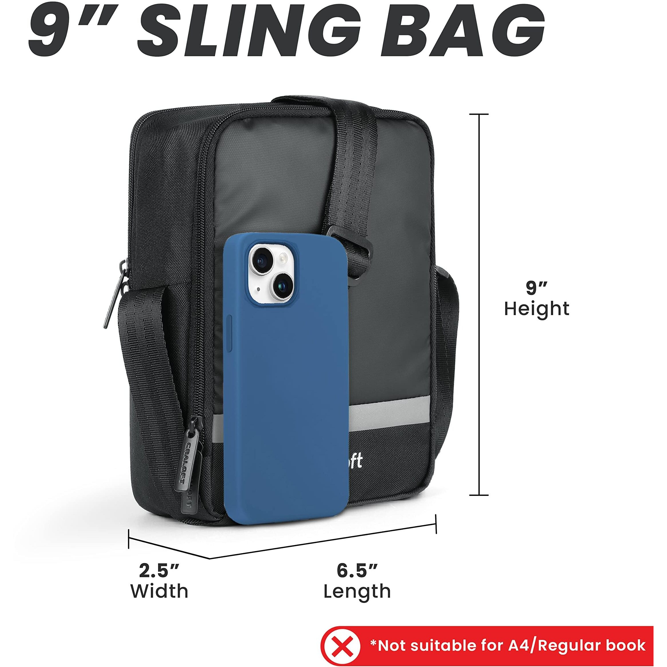 Craloft Premium 9 Inch Mini Sling Bag For Men And Women, Small Passport Travel Bag With Water-Resistant, And Small Sling Bag (S5, Black With Radium Bar)