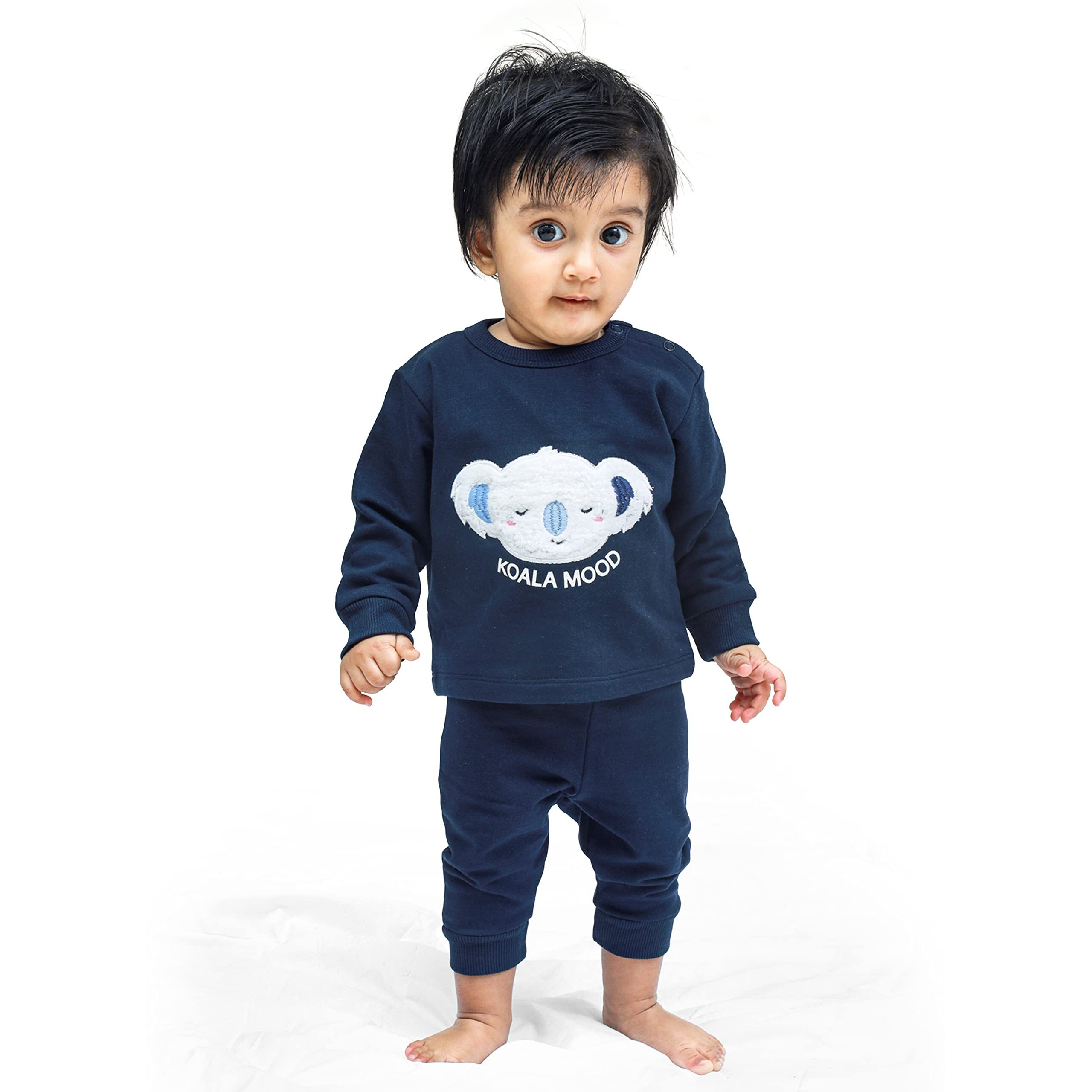 Ariel Cotton Fleece Clothing Sets For Boys & Girls - Unisex Winter Clothing Sets Full Sleeve T-Shirt & Pant, Blue, 3 Months-6 Months