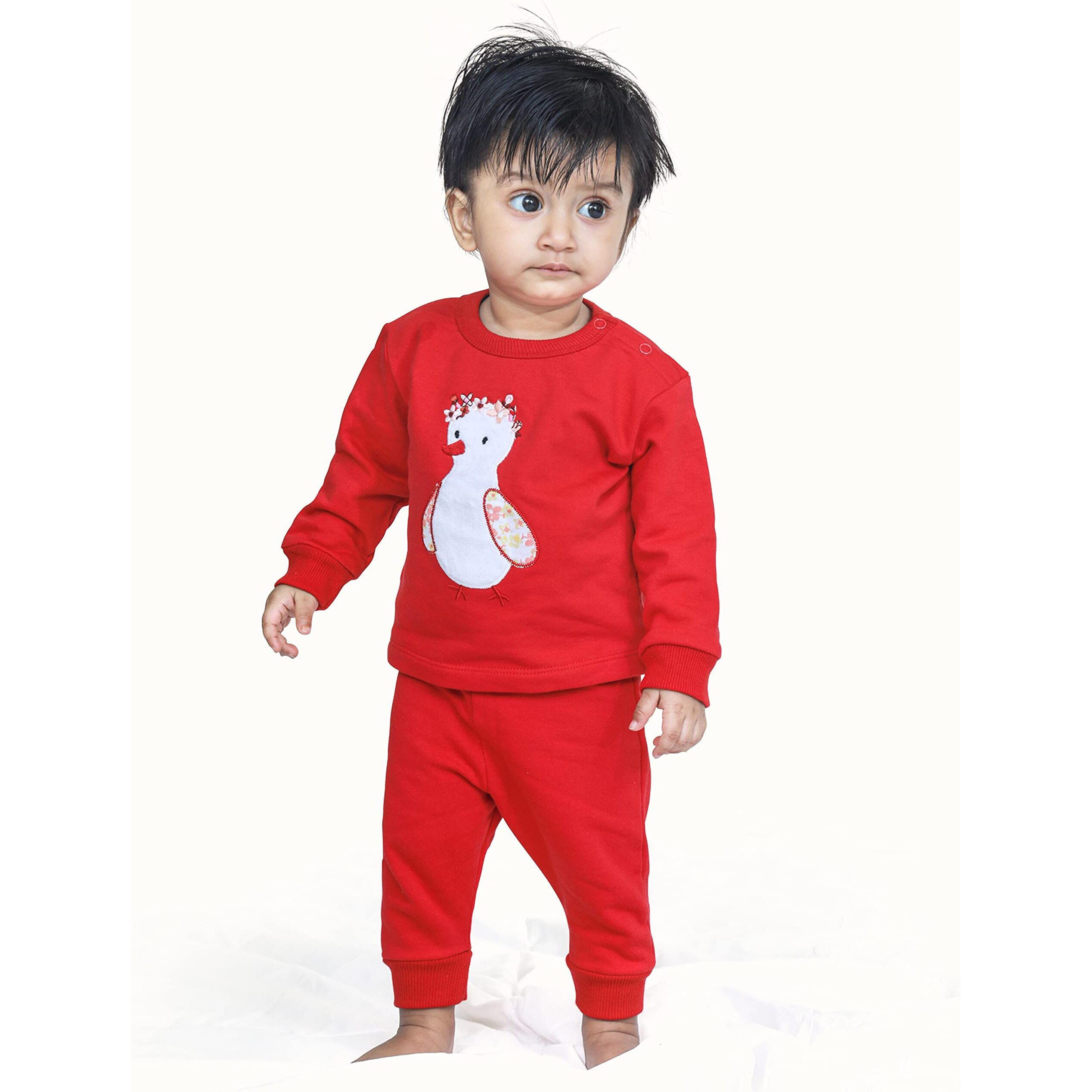 Ariel Cotton Fleece Clothing Sets For Boys & Girls - Unisex Winter Clothing Sets Full Sleeve T-Shirt & Pant, Red