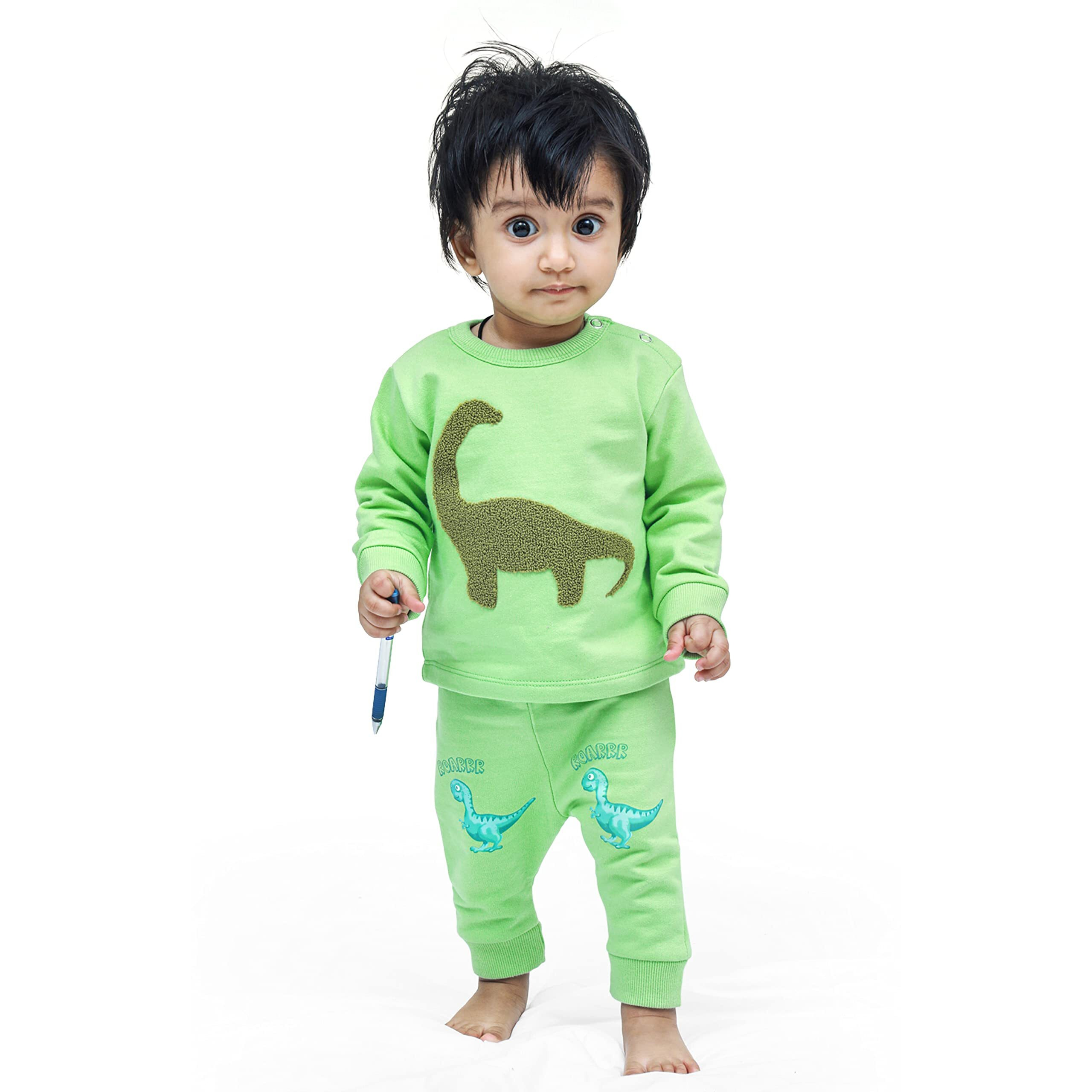 Ariel Cotton Fleece Clothing Sets For Boys & Girls - Unisex Winter Clothing Sets Full Sleeve T-Shirt & Pant, Green