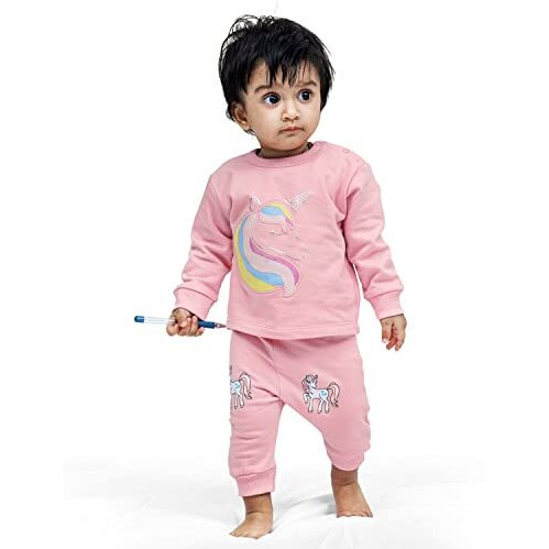 Ariel Cotton Fleece Clothing Sets For Boys & Girls - Unisex Winter Clothing Sets Full Sleeve T-Shirt & Pant, Pink