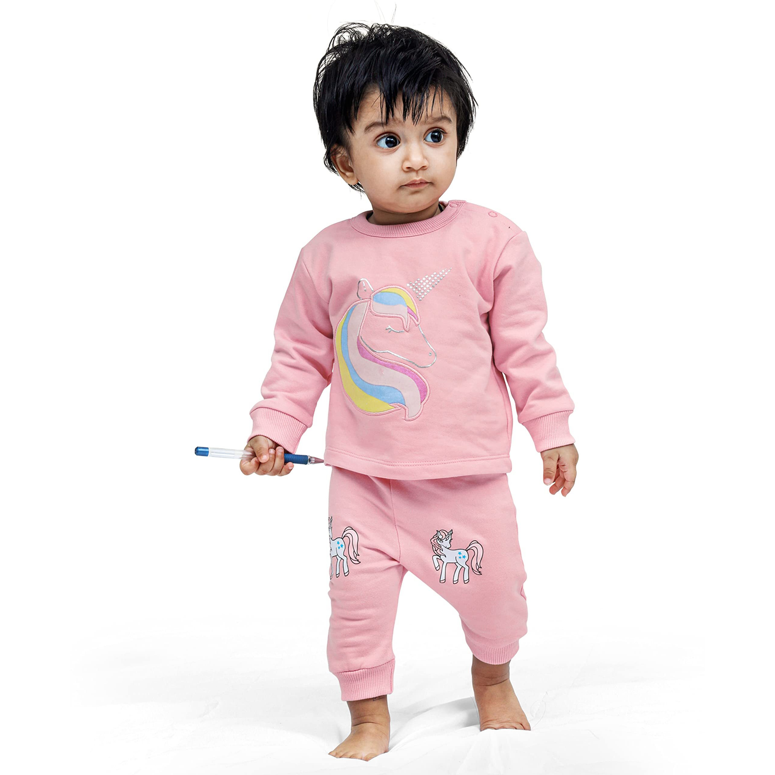 Ariel Cotton Fleece Clothing Sets For Boys & Girls - Unisex Winter Clothing Sets Full Sleeve T-Shirt & Pant, Pink