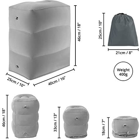 About Space Travel Foot Rest Pillow - Inflatable Foot Rest With Drawstring Bag For Flight & Car - Portable & Height Adjustable Leg Rest Pillow For Kids, Adults L 40 X B 25 X H 46 Cm - Grey