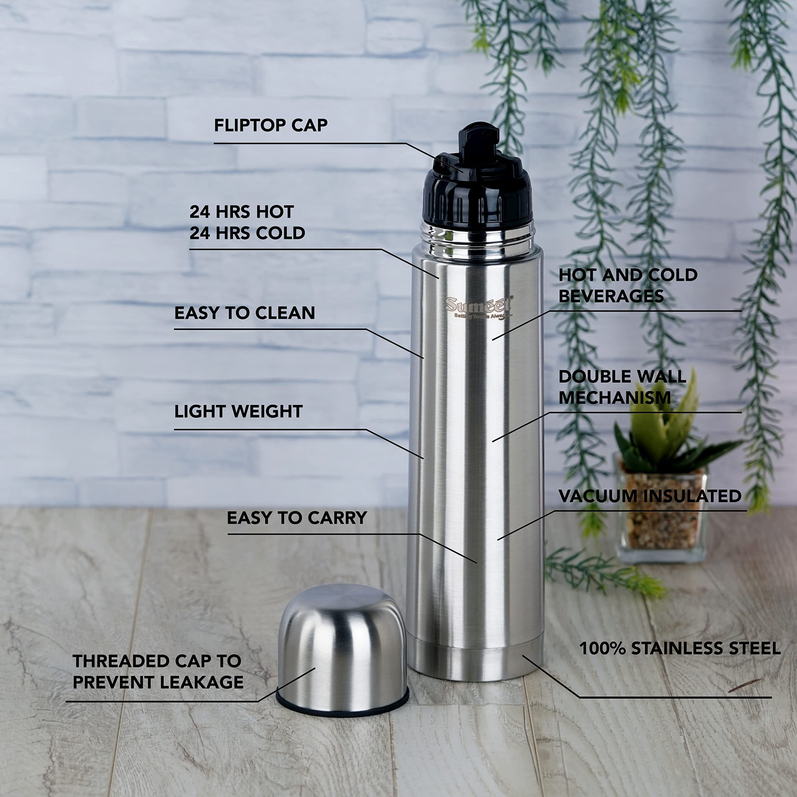 Sumeet Stainless Steel Double Walled Vacuum Flask/Water Bottle, With Flip Lid, 24 Hours Hot And Cold, 500 Ml, Silver - Set Of 2 Pcs