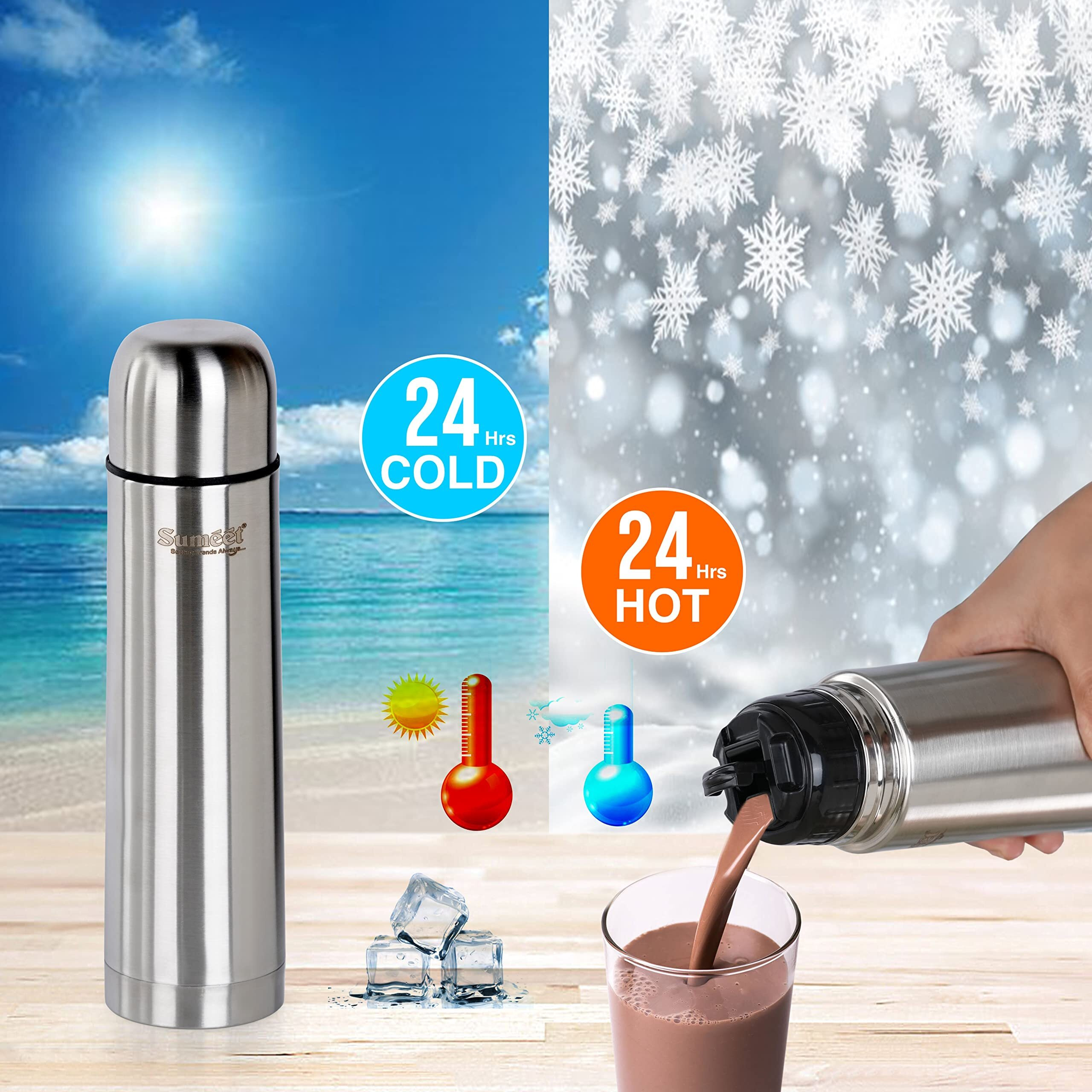 Sumeet Stainless Steel Double Walled Vacuum Flask/Water Bottle, With Flip Lid, 24 Hours Hot And Cold, 500 Ml, Silver - Set Of 2 Pcs