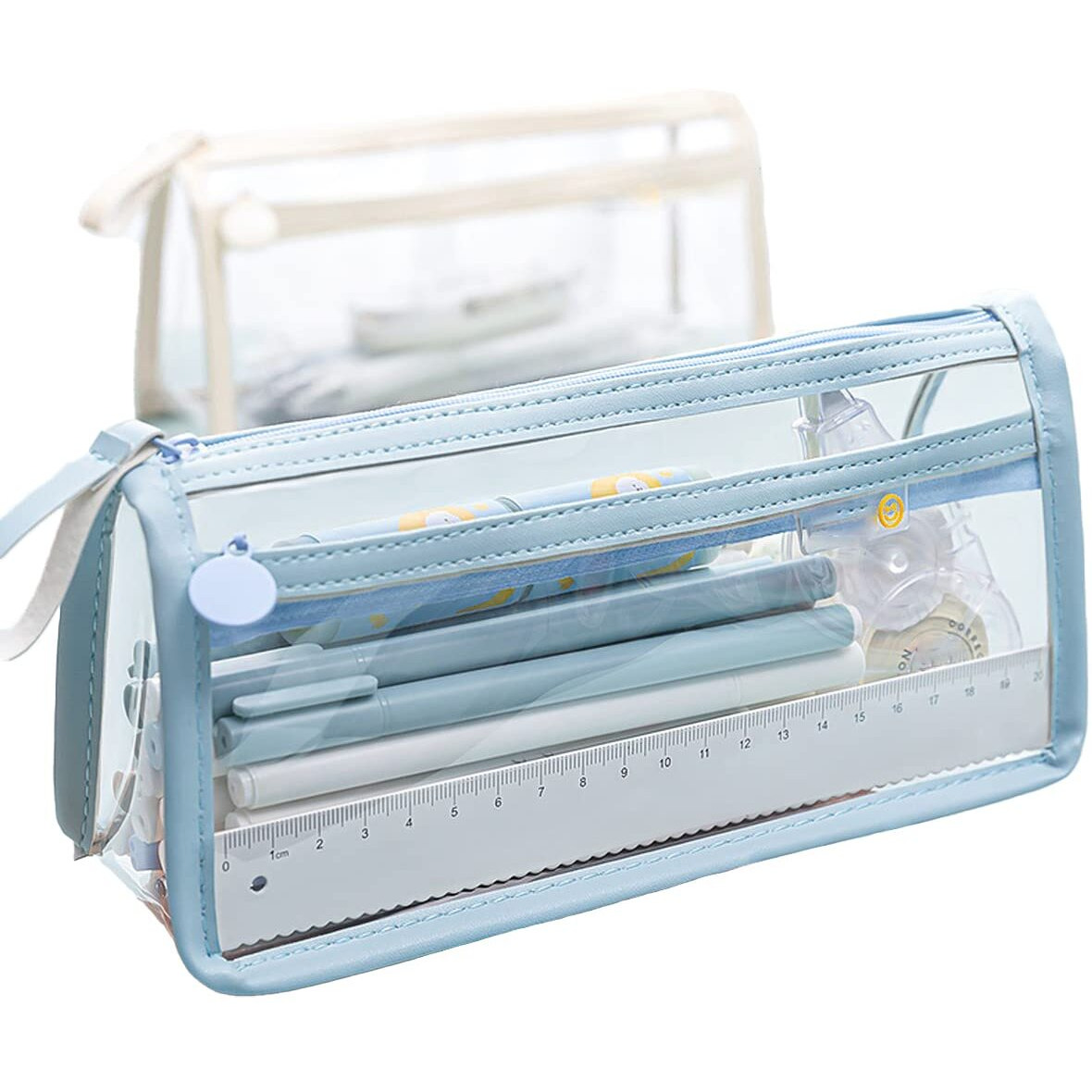 Wolpin Pvc Large Capacity Pencil Bag, Pencil Pouch With Zipper Closure Portable Makeup Pouch, Case Cute Stationery Bag For Students Girls Adults Office (Transparent Blue)