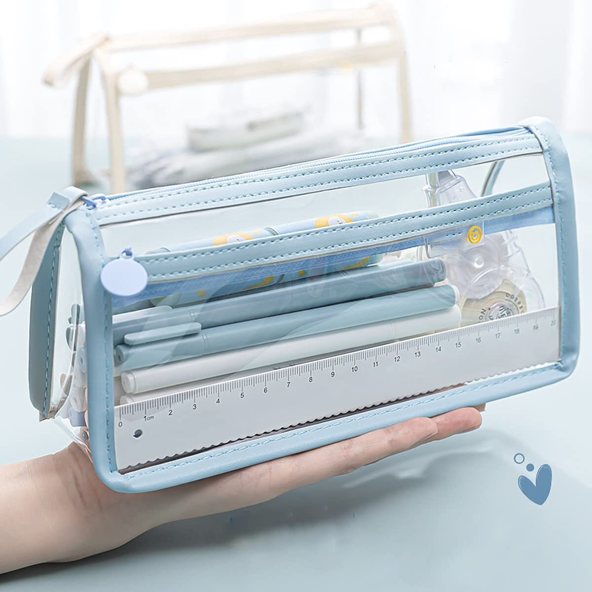 Wolpin Pvc Large Capacity Pencil Bag, Pencil Pouch With Zipper Closure Portable Makeup Pouch, Case Cute Stationery Bag For Students Girls Adults Office (Transparent Blue)