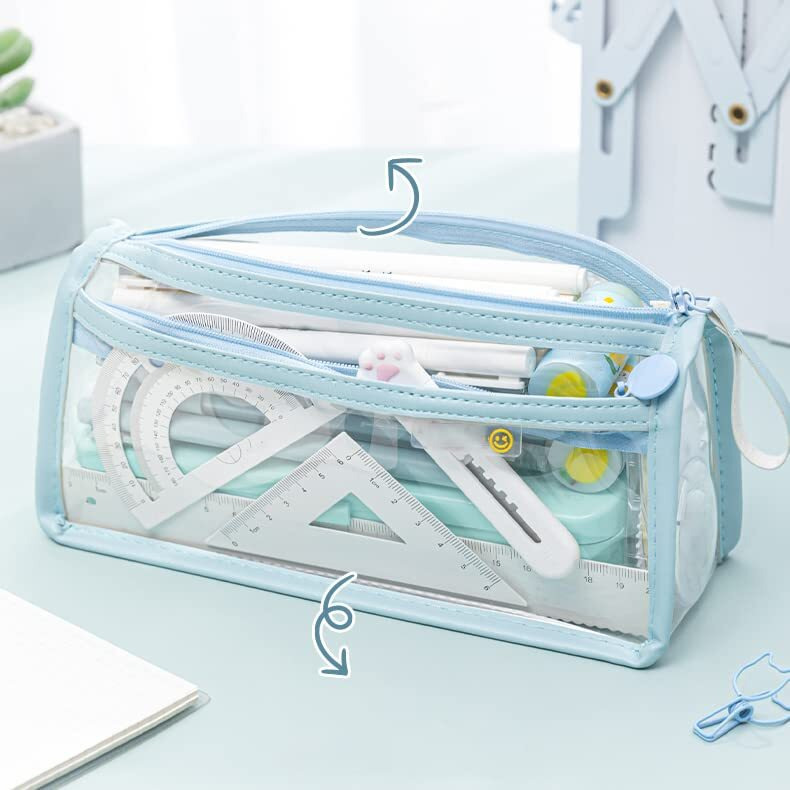 Wolpin Pvc Large Capacity Pencil Bag, Pencil Pouch With Zipper Closure Portable Makeup Pouch, Case Cute Stationery Bag For Students Girls Adults Office (Transparent Blue)