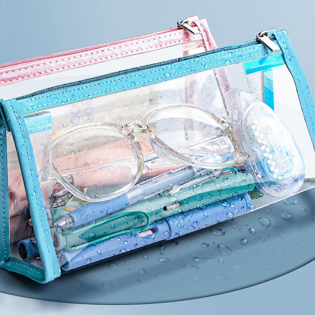 Wolpin Pvc Large Capacity Pencil Bag, Transparent Blue Pencil Pouch With Zipper Closure Portable Makeup Pouch, Case Cute Stationery Bag For Students Girls Adults Office