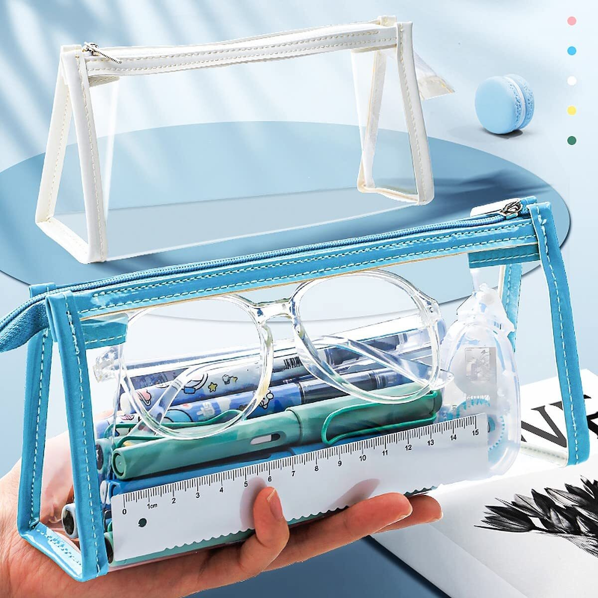 Wolpin Pvc Large Capacity Pencil Bag, Transparent Blue Pencil Pouch With Zipper Closure Portable Makeup Pouch, Case Cute Stationery Bag For Students Girls Adults Office