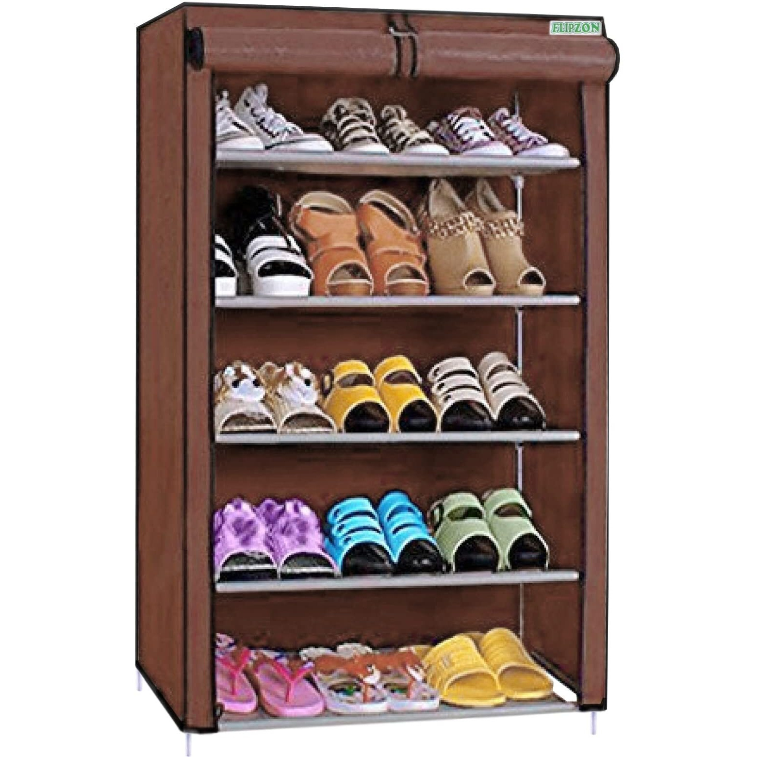 Flipzon Multipurpose 5 Shelves Shoe Rack With Zip Door Cover & Side Pockets, Multiuse Storage Rack For Footwear, Toys, Clothes With Dustproof Cover (5 Shelves) (Brown)