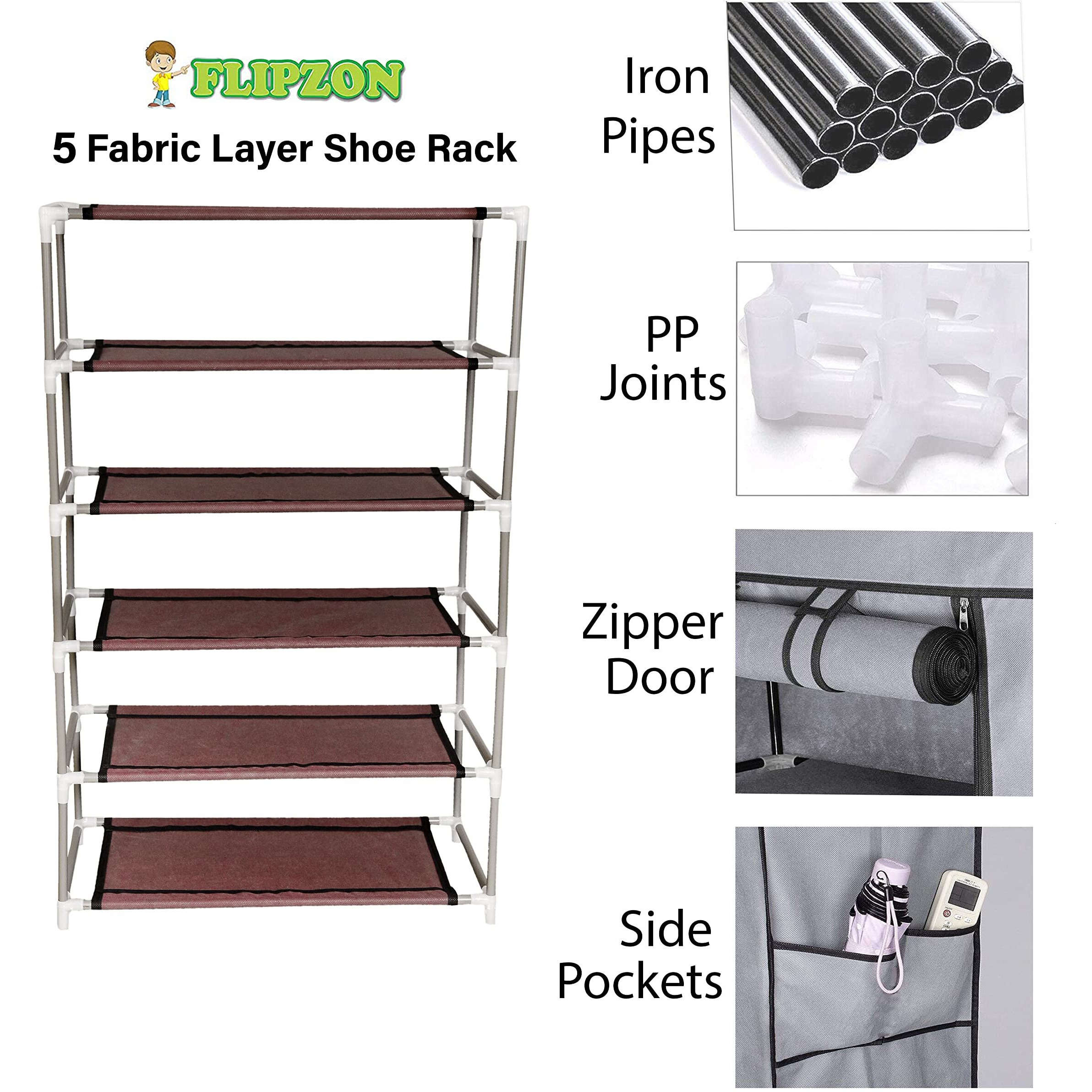Flipzon Multipurpose 5 Shelves Shoe Rack With Zip Door Cover & Side Pockets, Multiuse Storage Rack For Footwear, Toys, Clothes With Dustproof Cover (5 Shelves) (Brown)