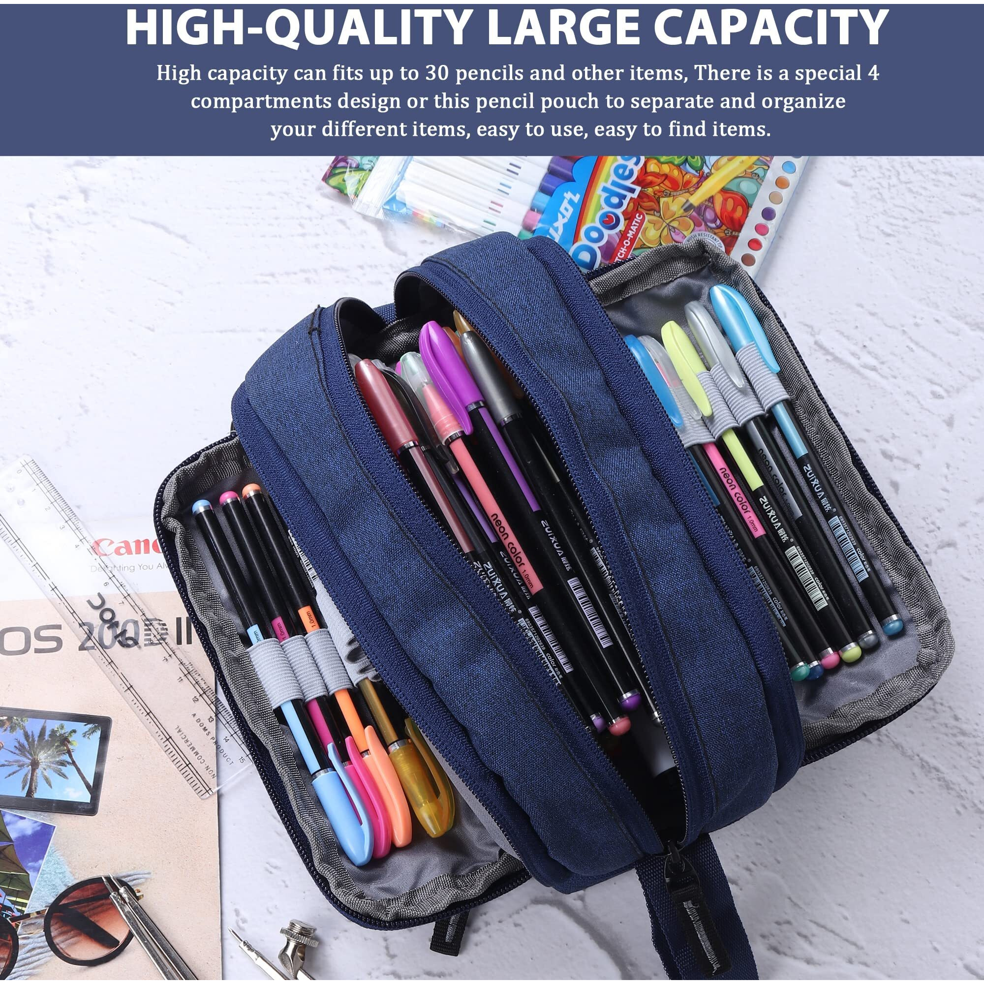 Wooum Extra Large Capacity Kawaii Pencil Cases Large Pencil Case, Cute Pencil Case, Back To School, Makeup Bag, College And Office Supplies, Travel Case (Khadi Navy Blue)
