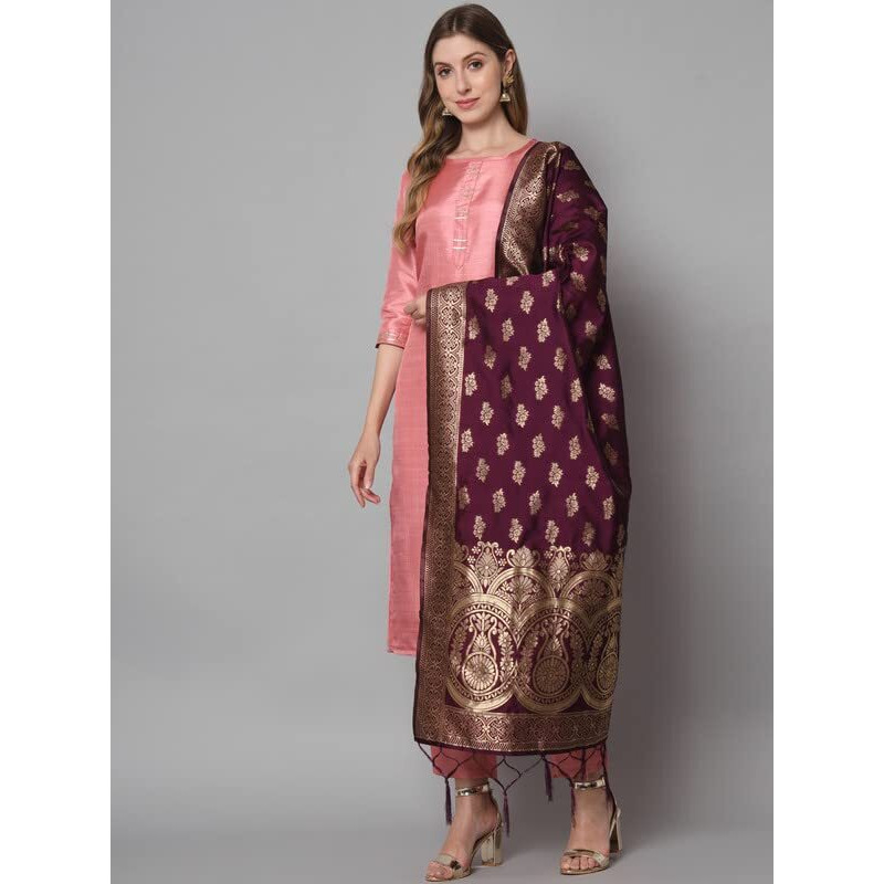 Vredevogel Women's Cotton Silk Blend Straight Kurta Trouser With Dupatta Set (Baby-Pink_Medium)