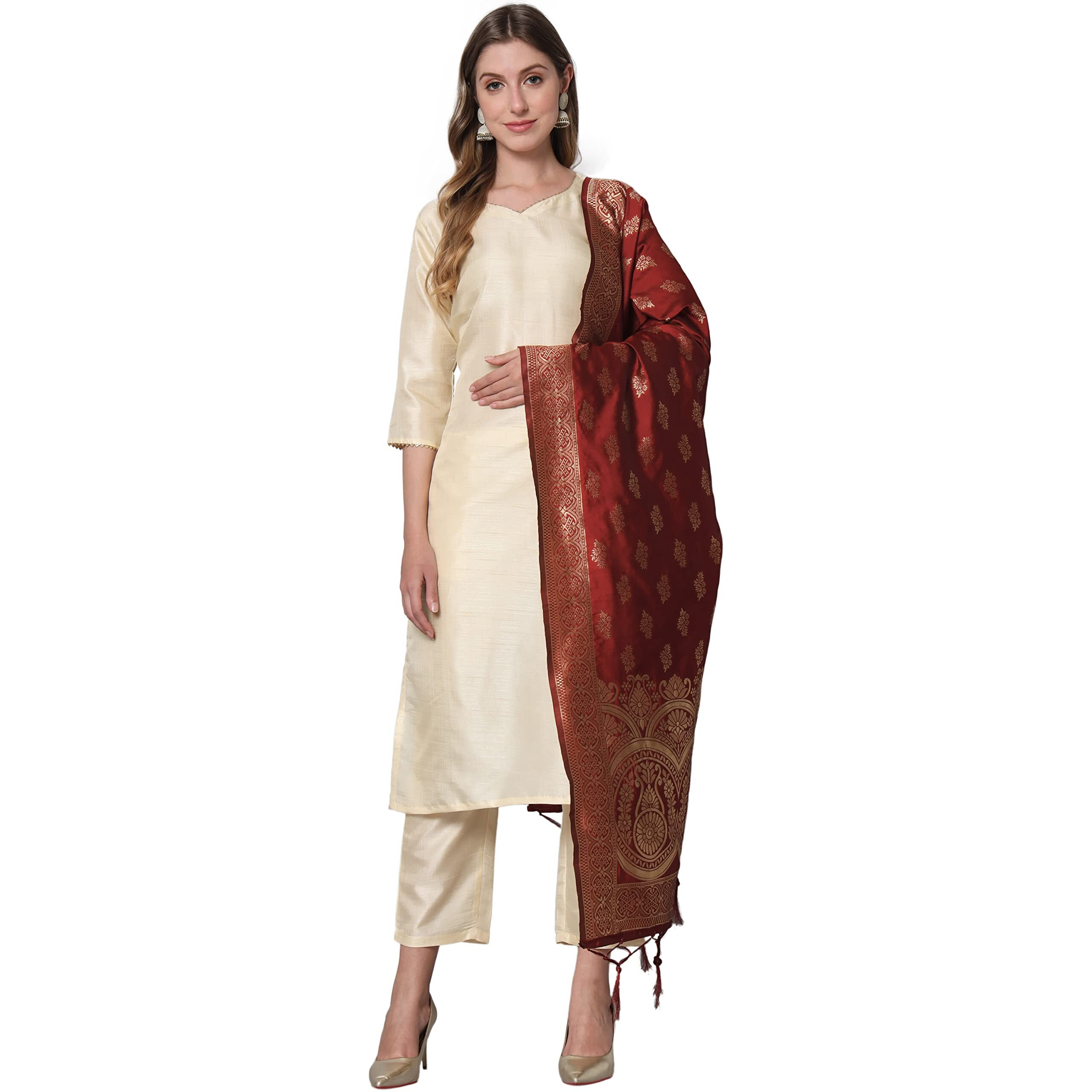 Vredevogel Women's Cotton Silk Blend Straight Kurta Trouser With Dupatta Set (Cream_Xx-Large)