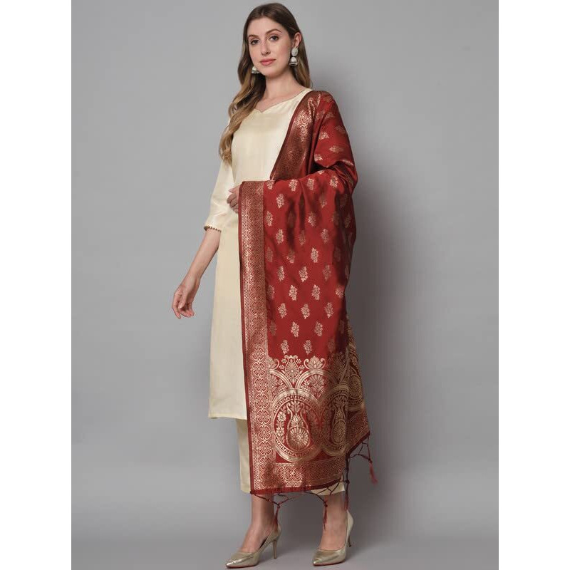 Vredevogel Women's Cotton Silk Blend Straight Kurta Trouser With Dupatta Set (Cream_Xx-Large)