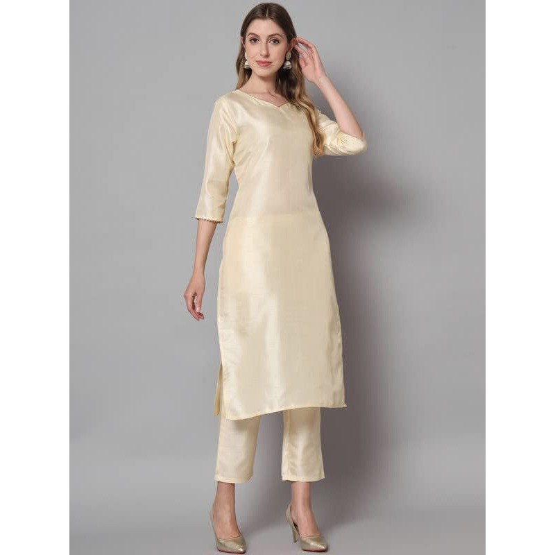 Vredevogel Women's Cotton Silk Blend Straight Kurta Trouser With Dupatta Set (Cream_Xx-Large)
