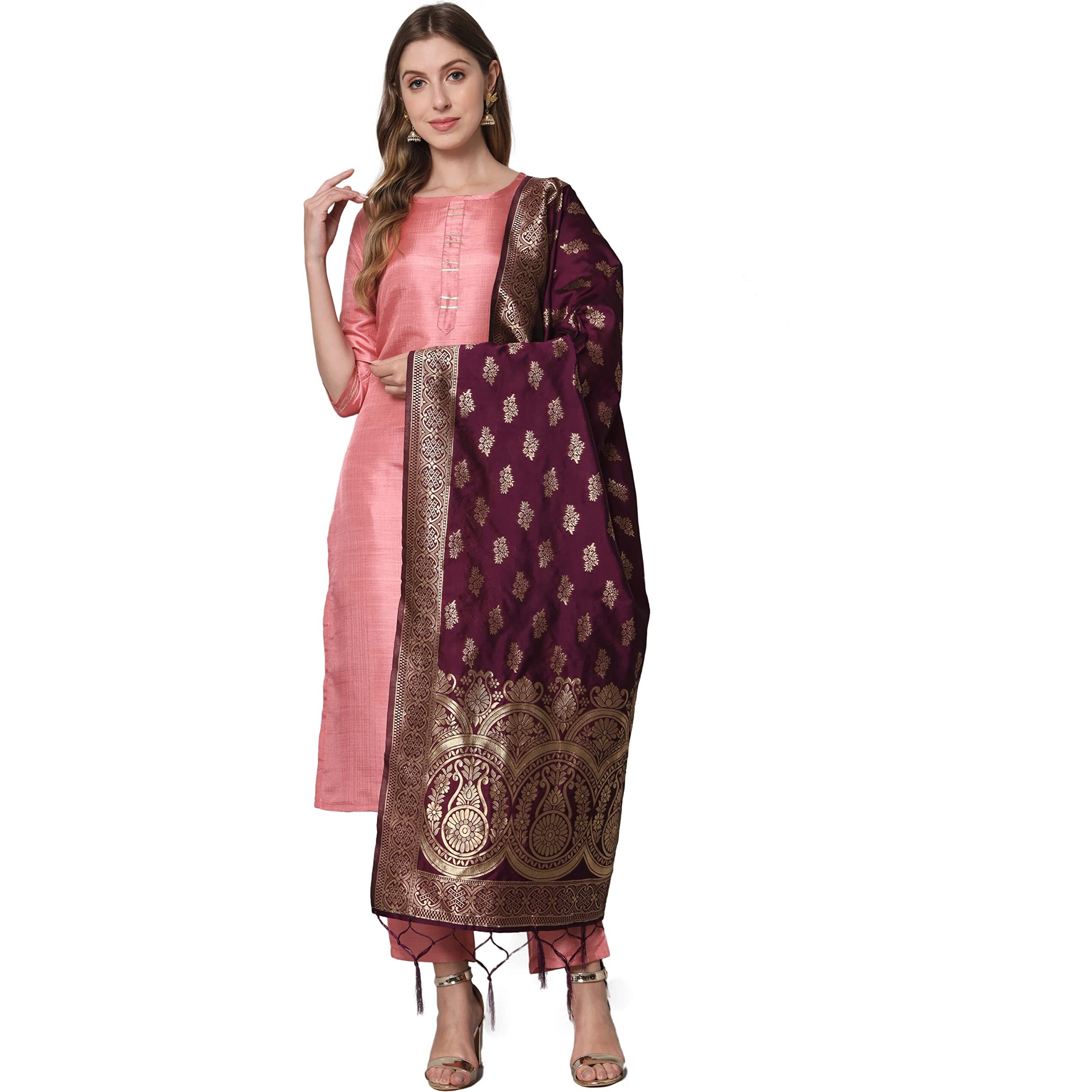 Vredevogel Women's Cotton Silk Blend Straight Kurta Trouser With Dupatta Set (Baby-Pink_Small)