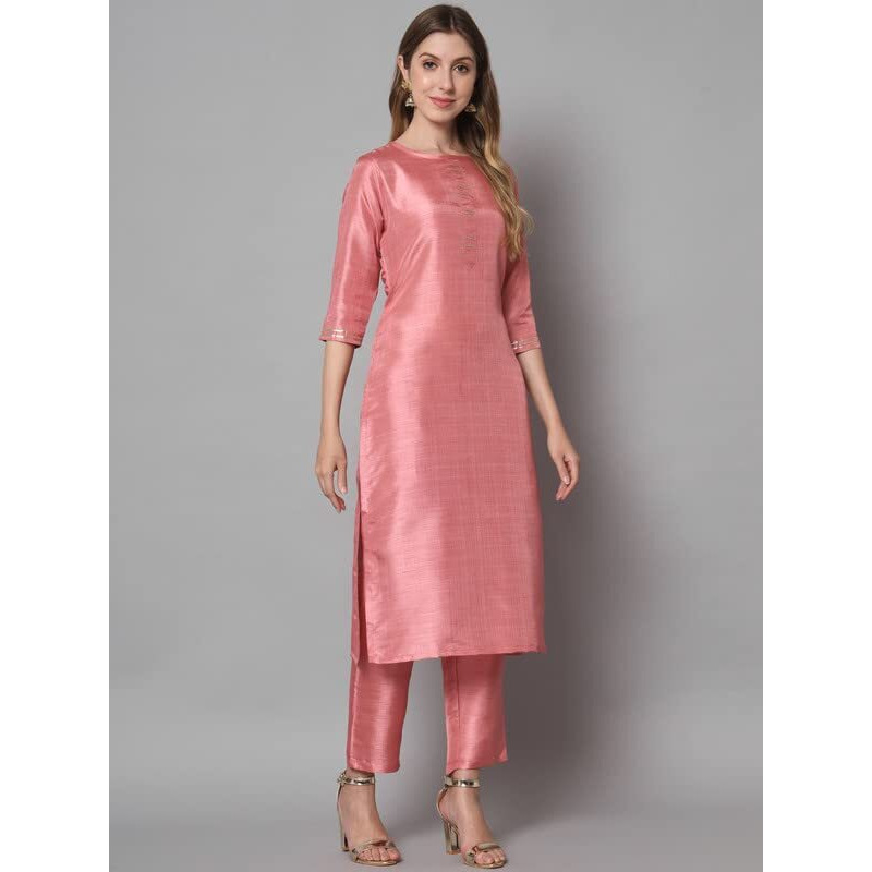 Vredevogel Women's Cotton Silk Blend Straight Kurta Trouser With Dupatta Set (Baby-Pink_Small)