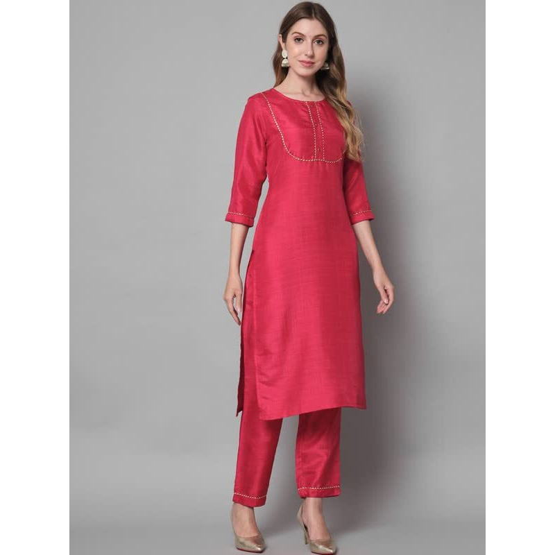 Vredevogel Women's Cotton Silk Blend Straight Kurta Trouser With Dupatta Set (Cherry-Red_Xxx-Large)