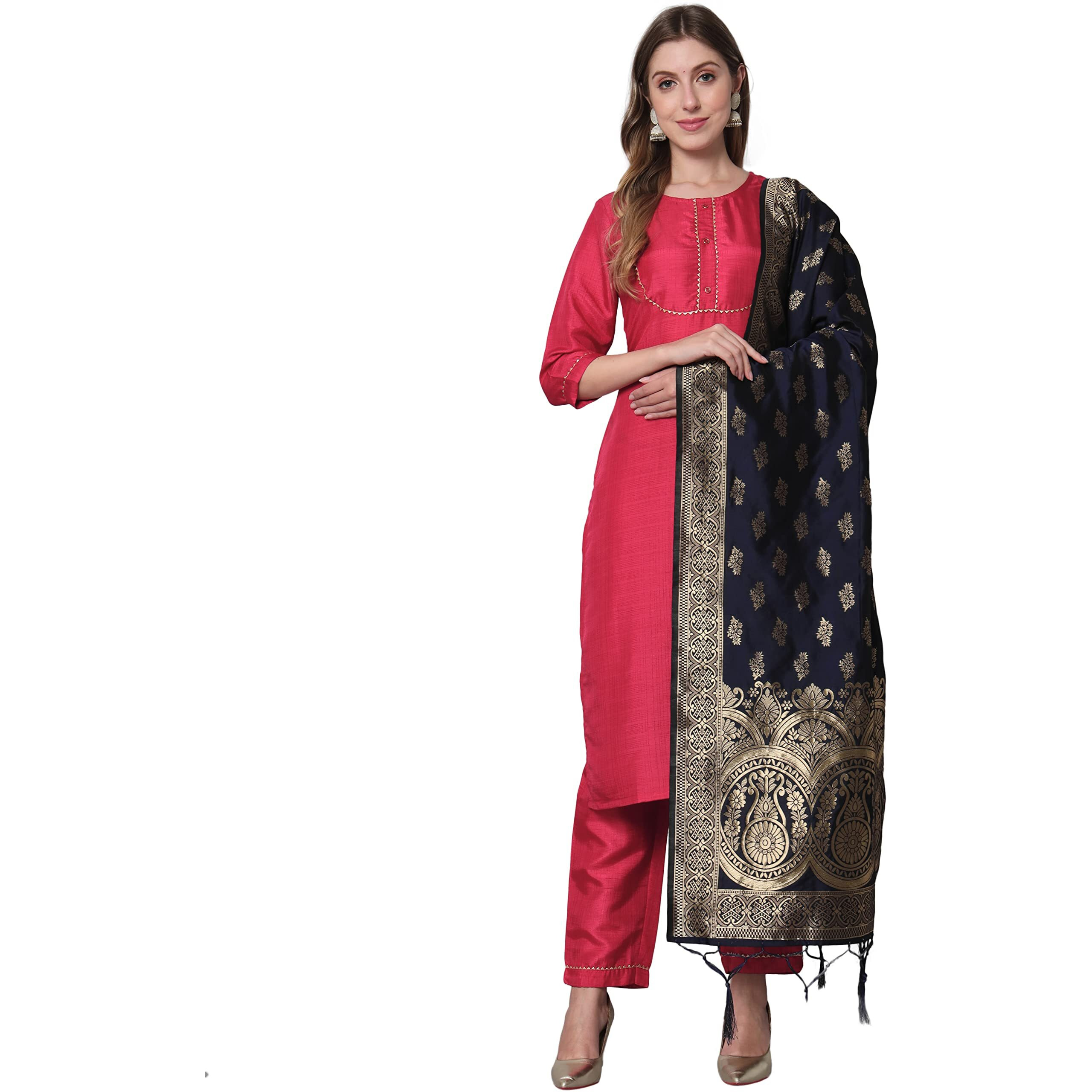Vredevogel Women's Cotton Silk Blend Straight Kurta Pant With Dupatta Set (Cherry-Red_Medium)