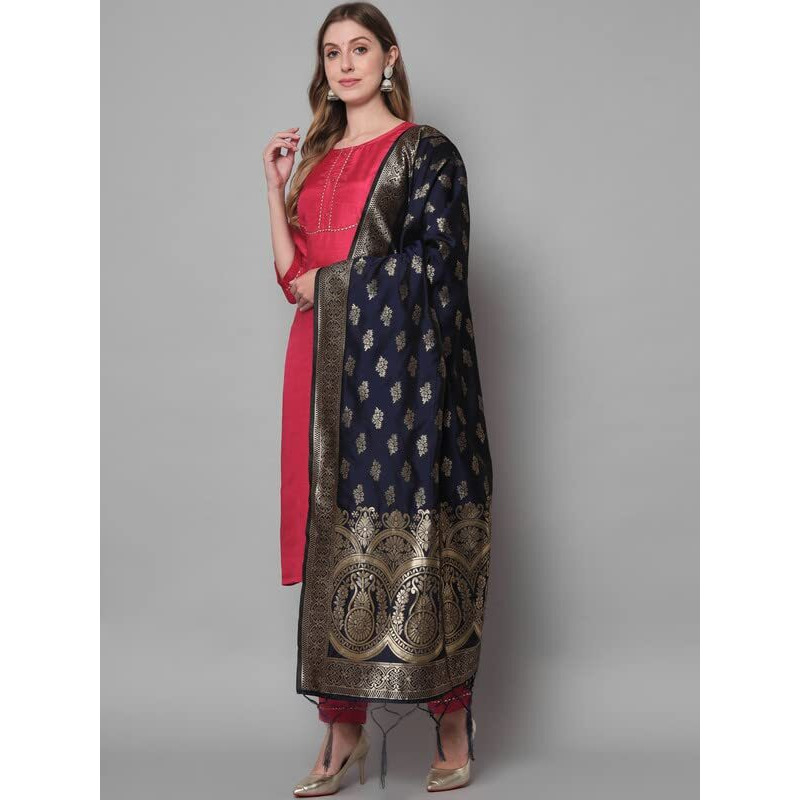 Vredevogel Women's Cotton Silk Blend Straight Kurta Pant With Dupatta Set (Cherry-Red_Medium)
