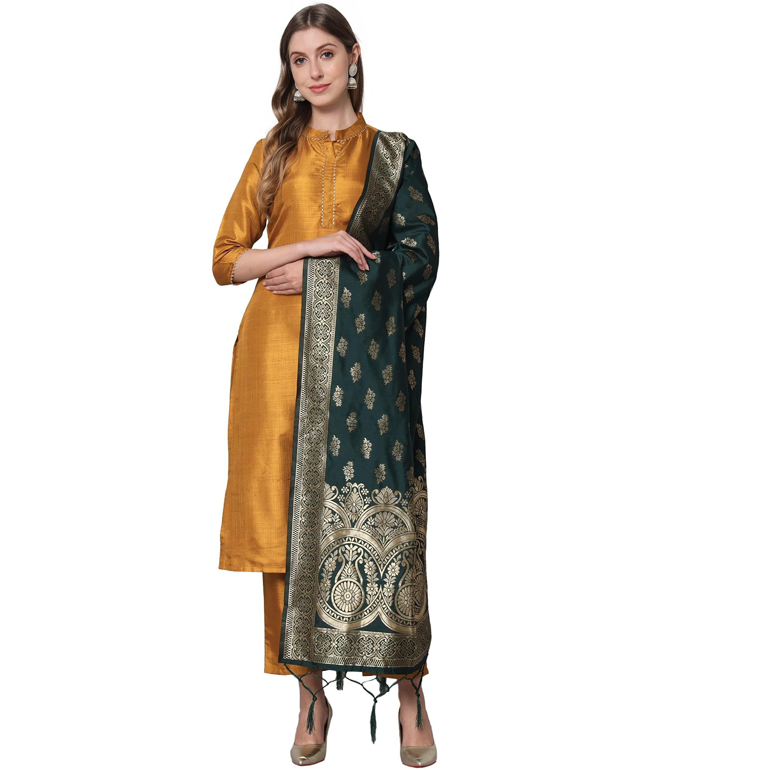 Vredevogel Women's Cotton Silk Blend Straight Kurta Trouser With Dupatta Set (Mustard_Xx-Large)