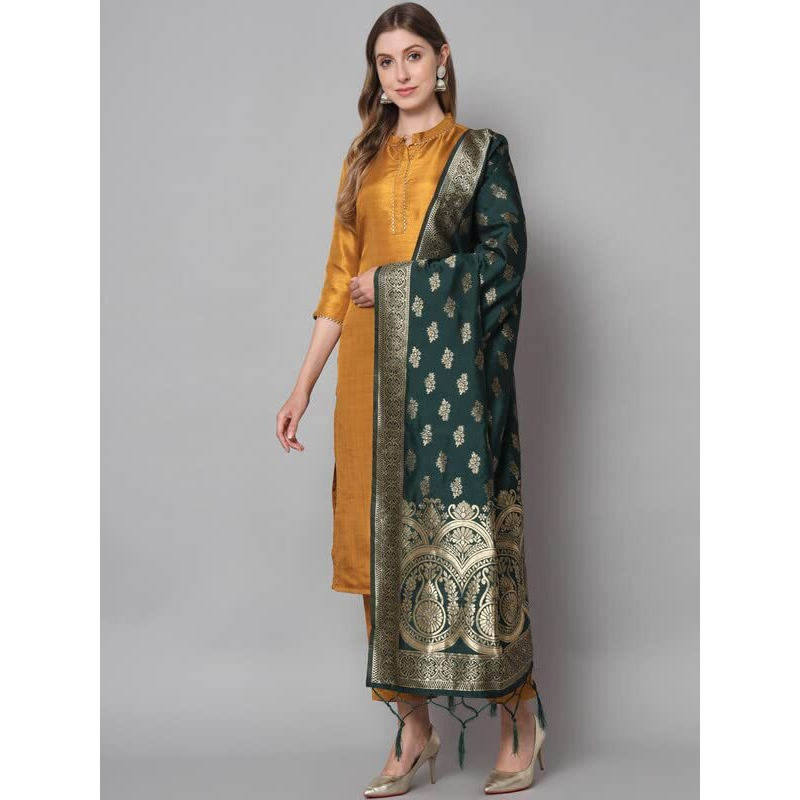 Vredevogel Women's Cotton Silk Blend Straight Kurta Trouser With Dupatta Set (Mustard_Xx-Large)