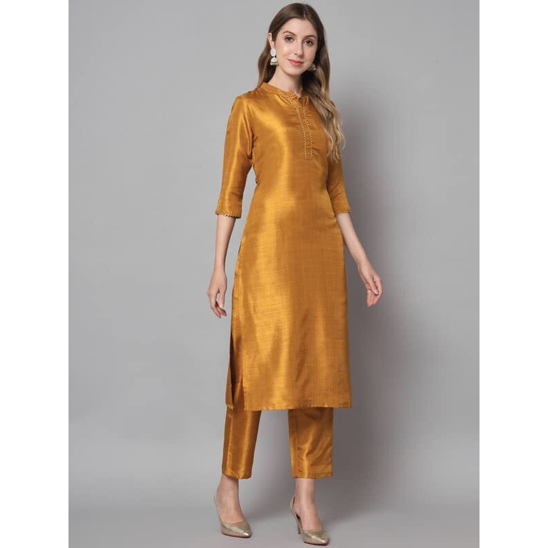 Vredevogel Women's Cotton Silk Blend Straight Kurta Trouser With Dupatta Set (Mustard_Xx-Large)