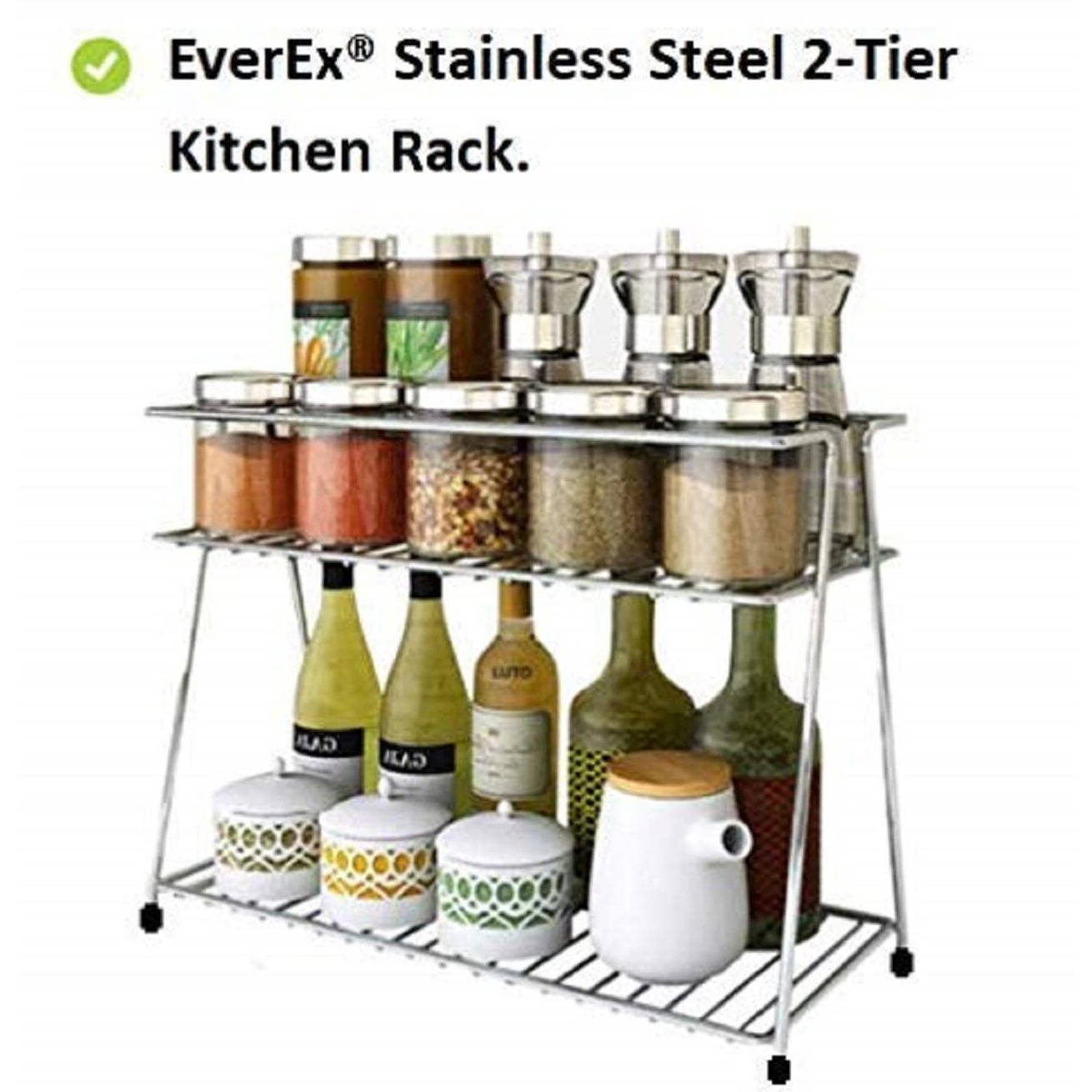 Zepdos Stainless Steel 2-Tier Kitchen Rack, Rack And Organizer, Spice Rack For Kitchen, Container Rack, Utensils Dishes Spices Jar Holder, Masala Box Stand (2 Layer Spice Rack)