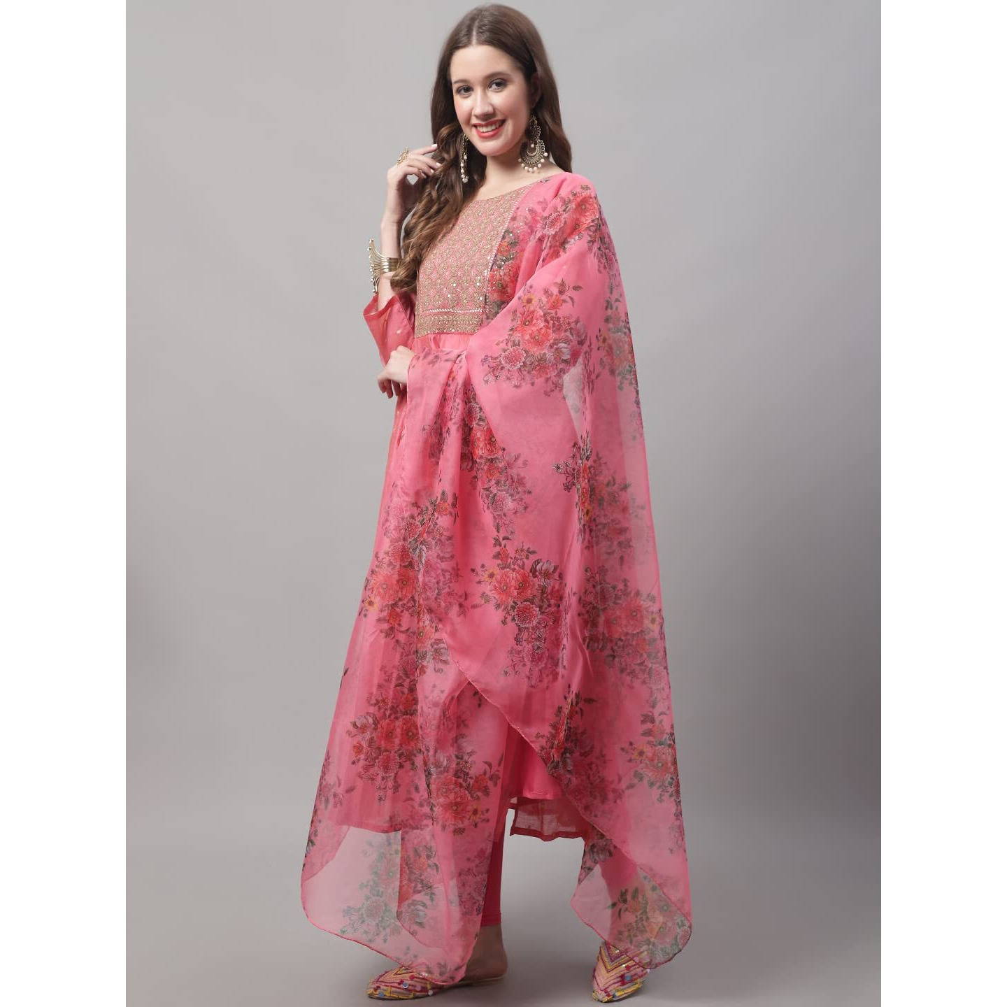 Vredevogel Women's Chanderi Modal Butti Kurta With Stretchable Leggings & Organza Dupatta Set (Pink_Xx-Large)