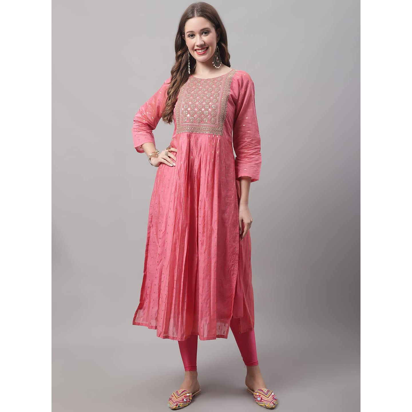 Vredevogel Women's Chanderi Modal Butti Kurta With Stretchable Leggings & Organza Dupatta Set (Pink_Xx-Large)