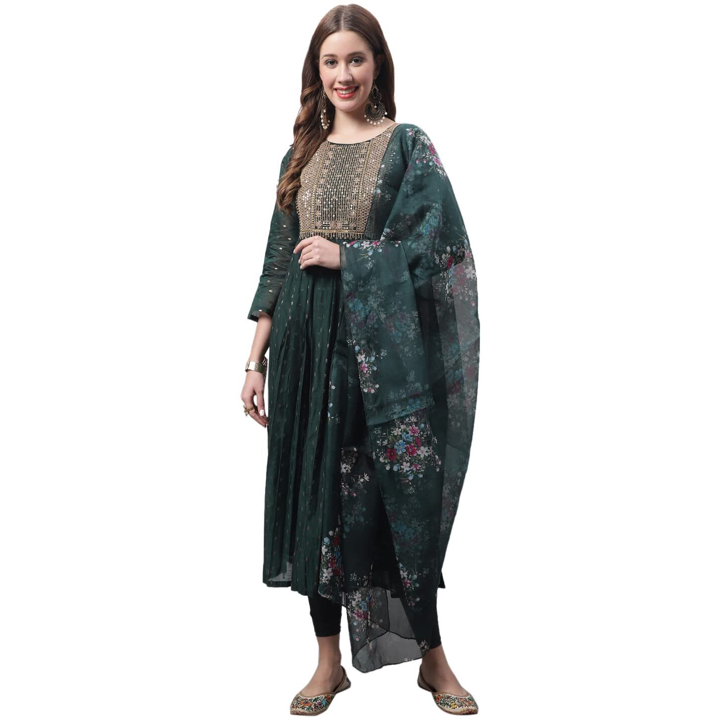 Vredevogel Women's Chanderi Modal Butti Kurta With Stretchable Leggings & Organza Dupatta Set (Green_X-Large)