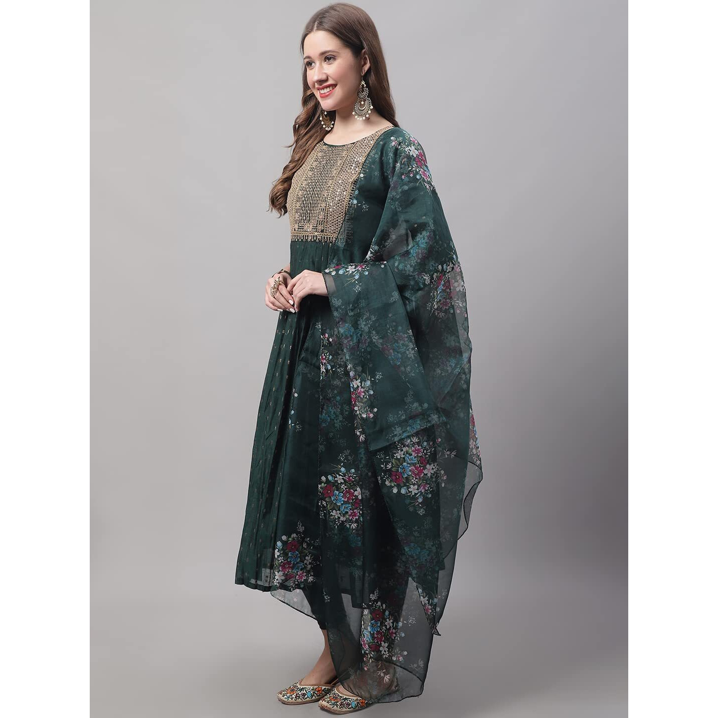 Vredevogel Women's Chanderi Modal Butti Kurta With Stretchable Leggings & Organza Dupatta Set (Green_X-Large)