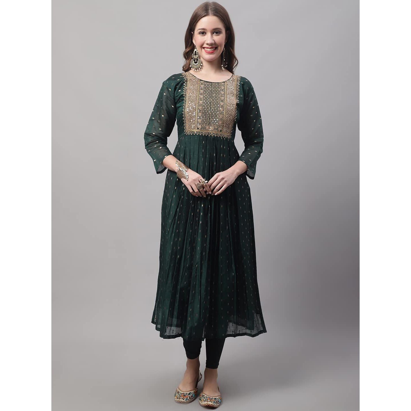 Vredevogel Women's Chanderi Modal Butti Kurta With Stretchable Leggings & Organza Dupatta Set (Green_X-Large)