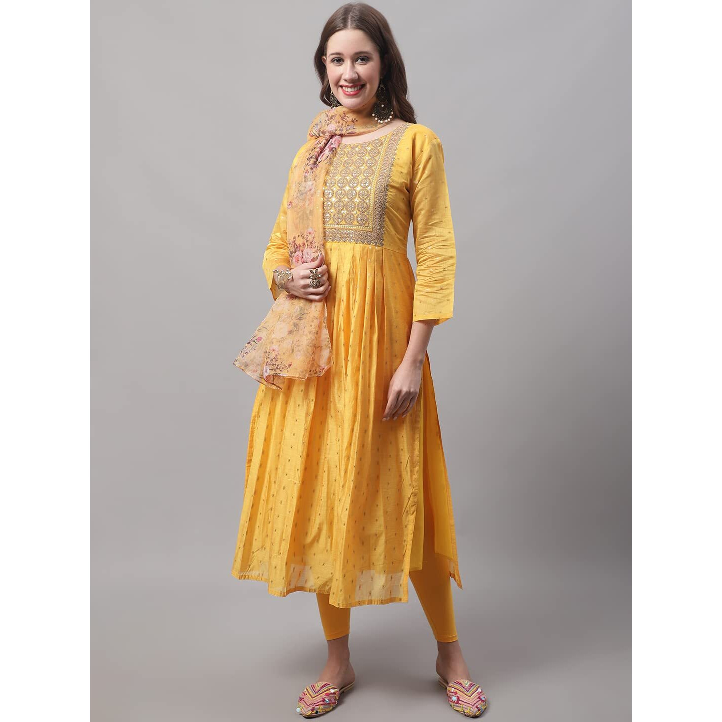 Vredevogel Women's Chanderi Modal Butti Kurta With Stretchable Leggings & Organza Dupatta Set (Yellow_Xx-Large)