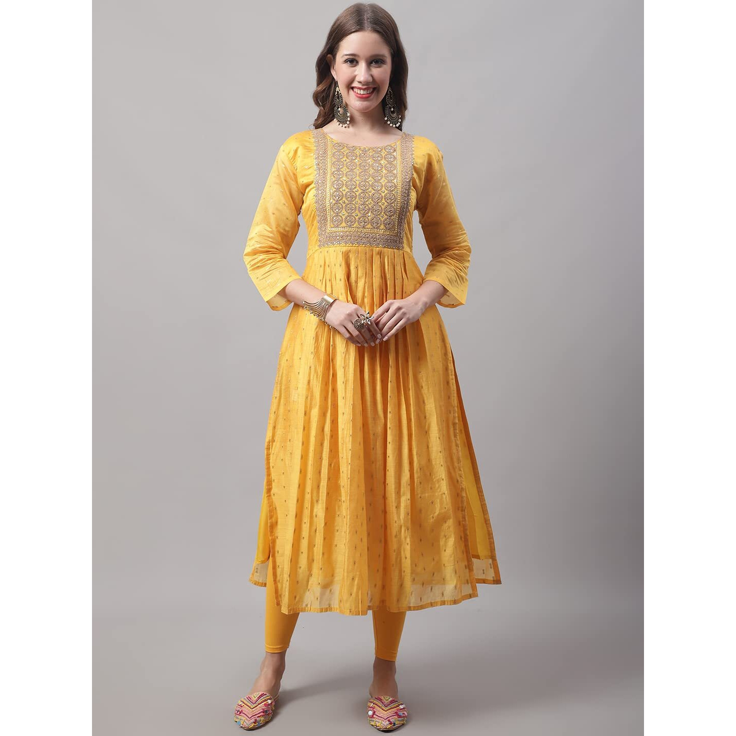 Vredevogel Women's Chanderi Modal Butti Kurta With Stretchable Leggings & Organza Dupatta Set (Yellow_Xx-Large)