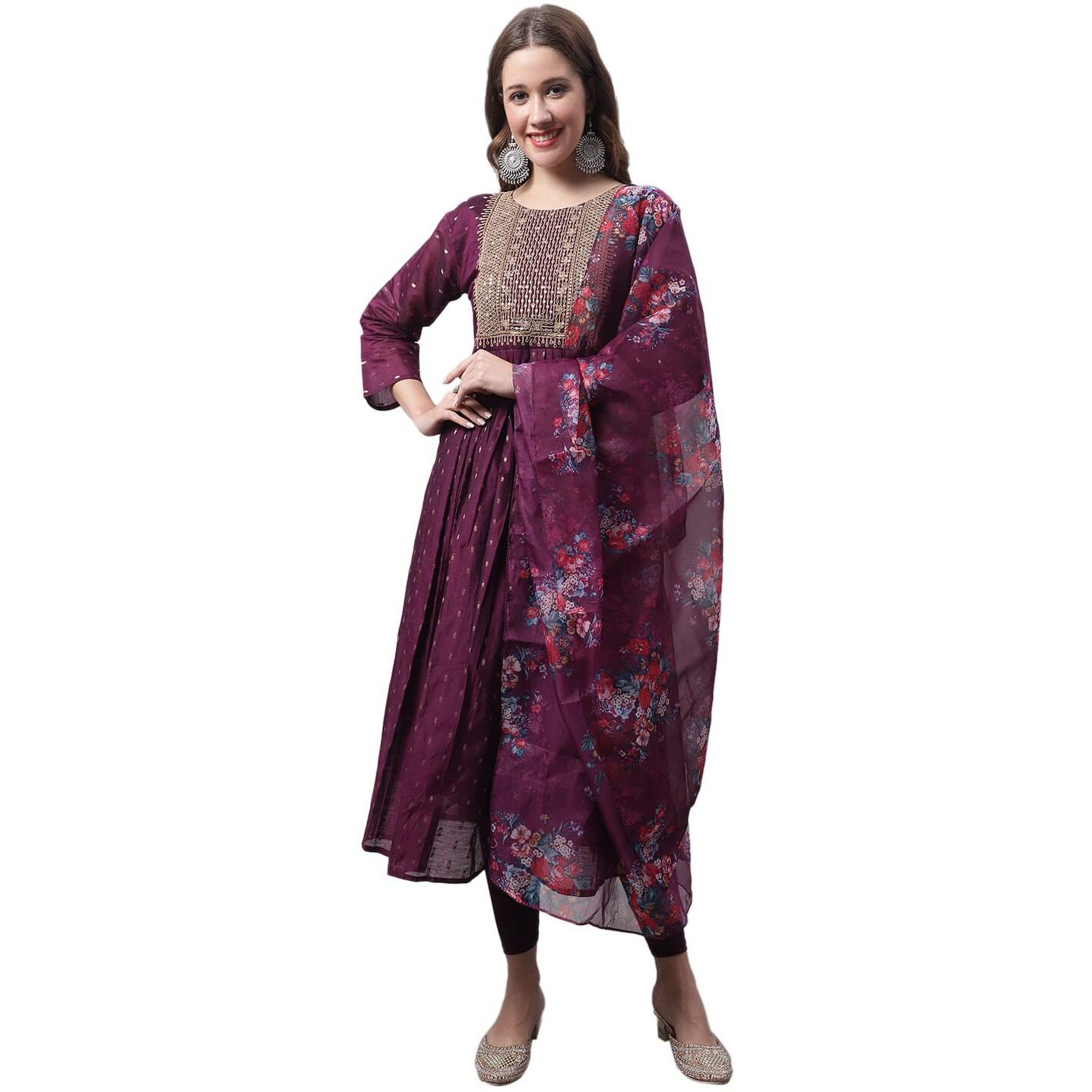 Vredevogel Women's Chanderi Modal Butti Kurta With Stretchable Leggings & Organza Dupatta Set (Purple_Medium)