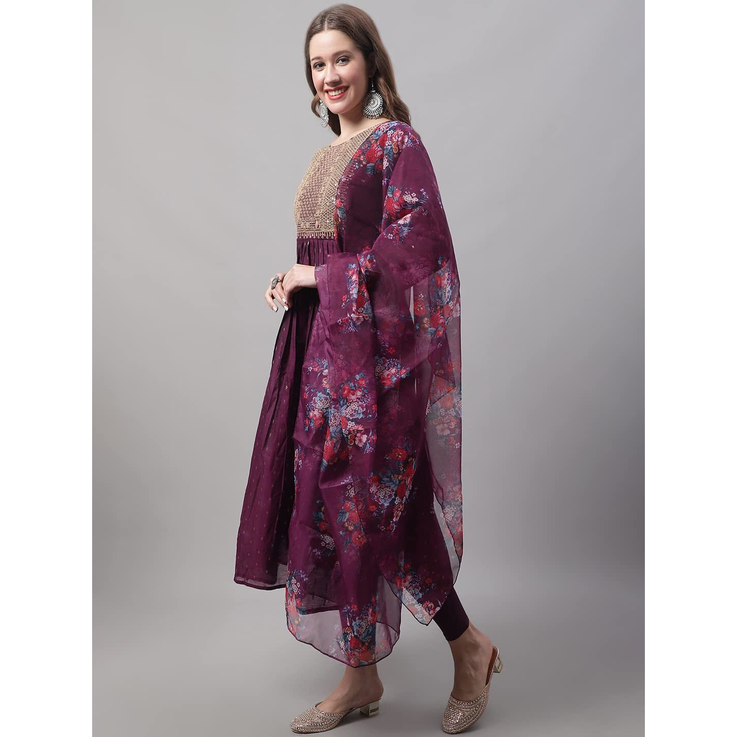 Vredevogel Women's Chanderi Modal Butti Kurta With Stretchable Leggings & Organza Dupatta Set (Purple_Medium)