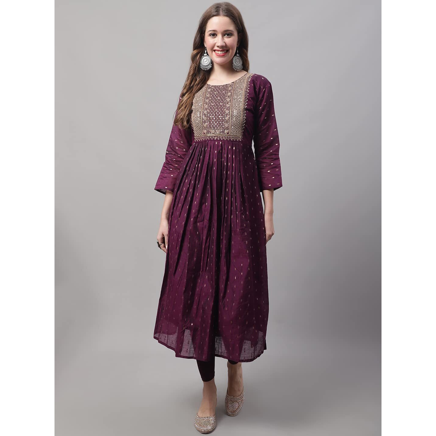 Vredevogel Women's Chanderi Modal Butti Kurta With Stretchable Leggings & Organza Dupatta Set (Purple_Medium)