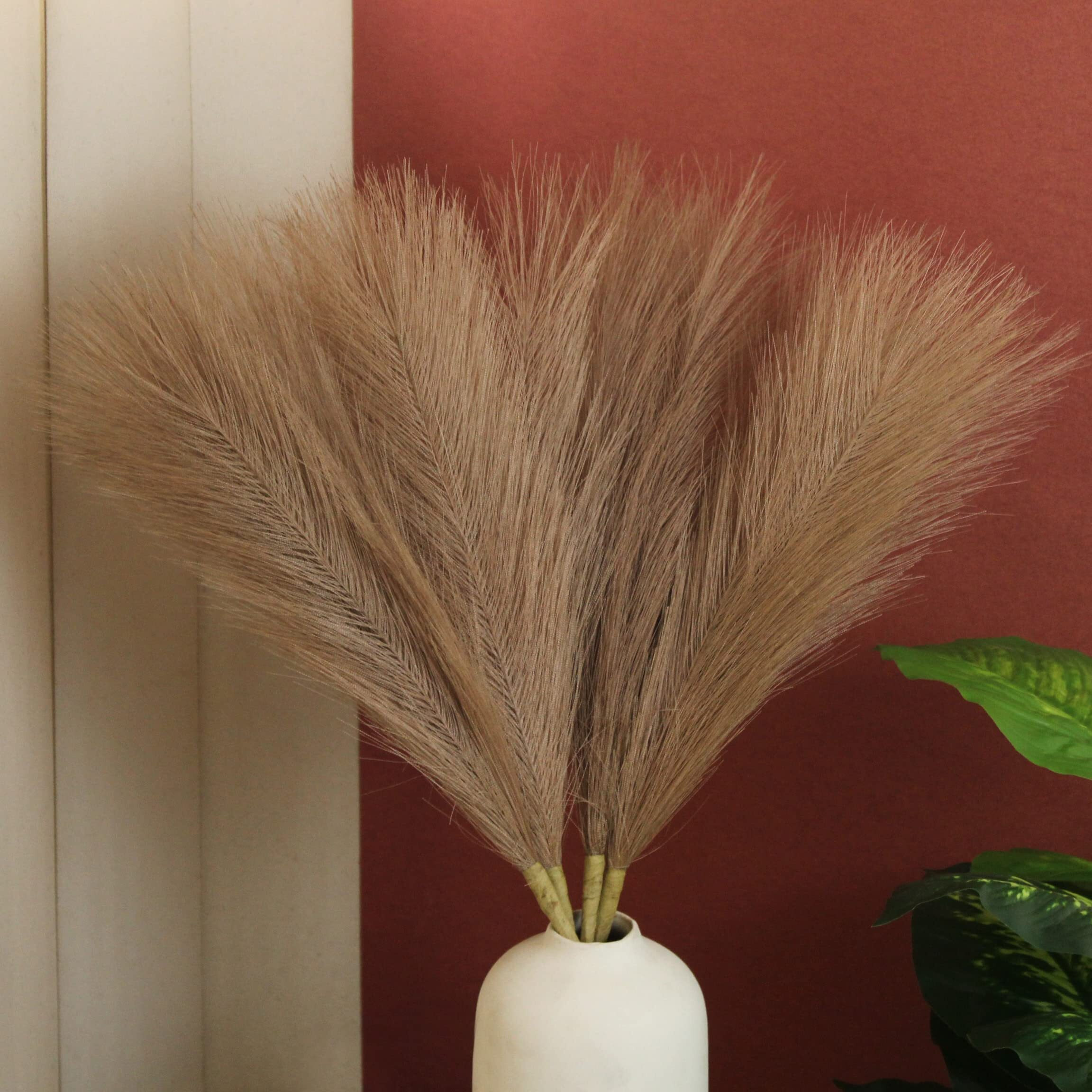 Tied Ribbons Silk Pack Of 4 Fluffy Pampas Grass Artificial Flower(Brown,45.7 Cm)For Decoration Vase Pot Home Decor Farmhouse Bedroom Living Room Table Corner Wedding Birthday Decorative Items