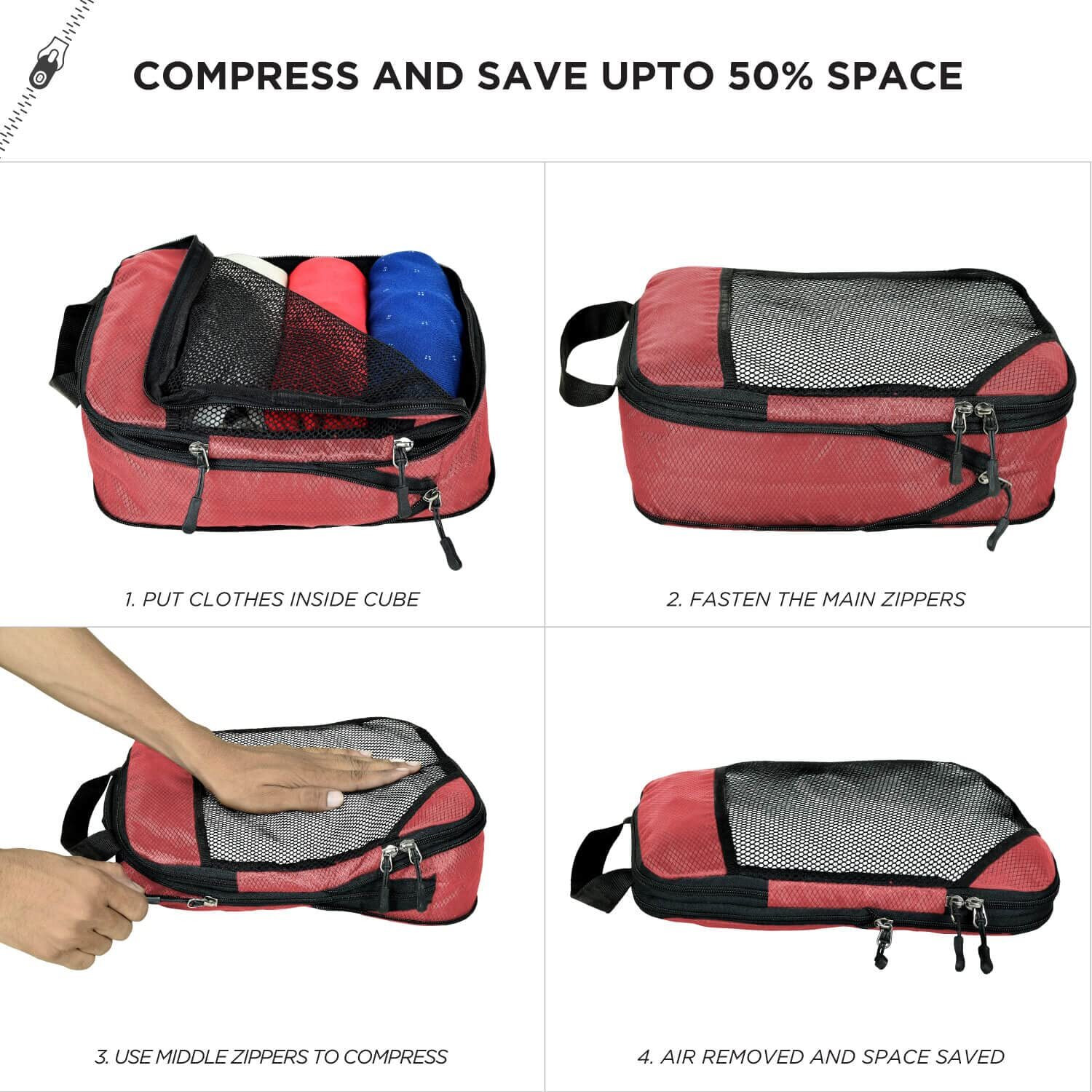 Fatmug Polyester Compression Cube - Space Saving Clothing Organizer For Travel And Home (Set Of 5 Red)