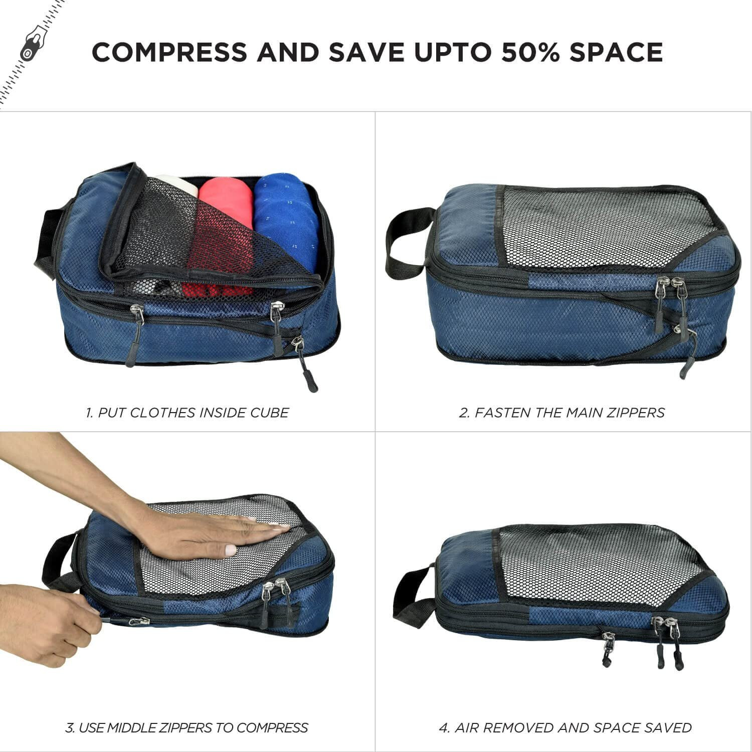 Fatmug Polyester Compression Cube - Space Saving Clothing Organizer For Travel And Home (Set Of 5 Navy Blue)