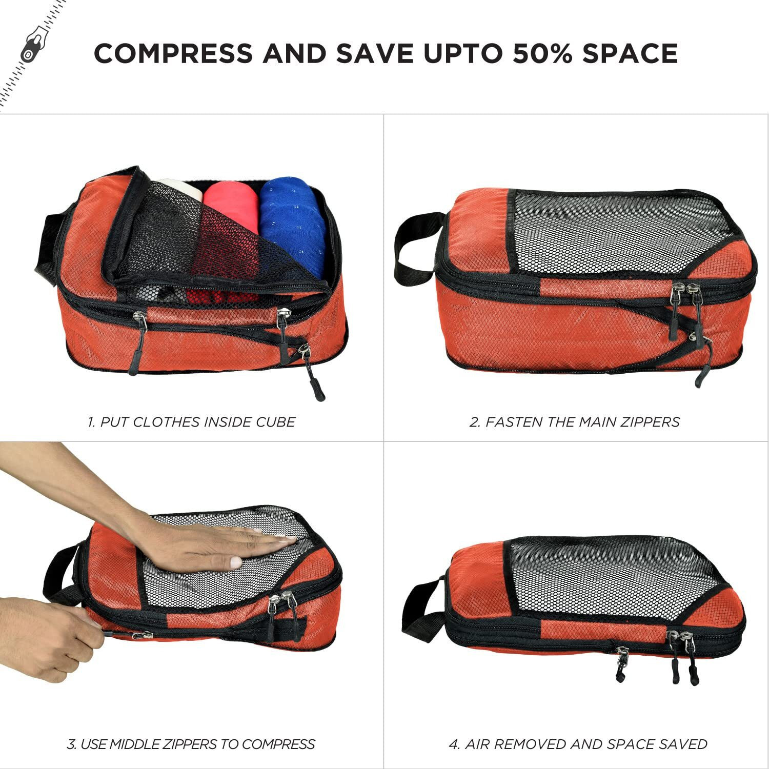 Fatmug Polyester Compression Cube - Space Saving Clothing Organizer For Travel And Home (Set Of 5 Orange)