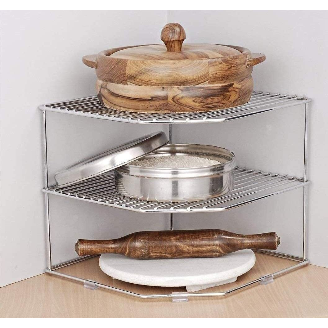 Techsrmaji Steel 3-Tier Kitchen Rack, Corner Rack For Kitchen, Storage Rack, Dish Rack, Chakla Belan Rack And Organizer, Countertop Shelf Rack For Kitchen