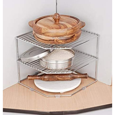 Techsrmaji Steel 3-Tier Kitchen Rack, Corner Rack For Kitchen, Storage Rack, Dish Rack, Chakla Belan Rack And Organizer, Countertop Shelf Rack For Kitchen