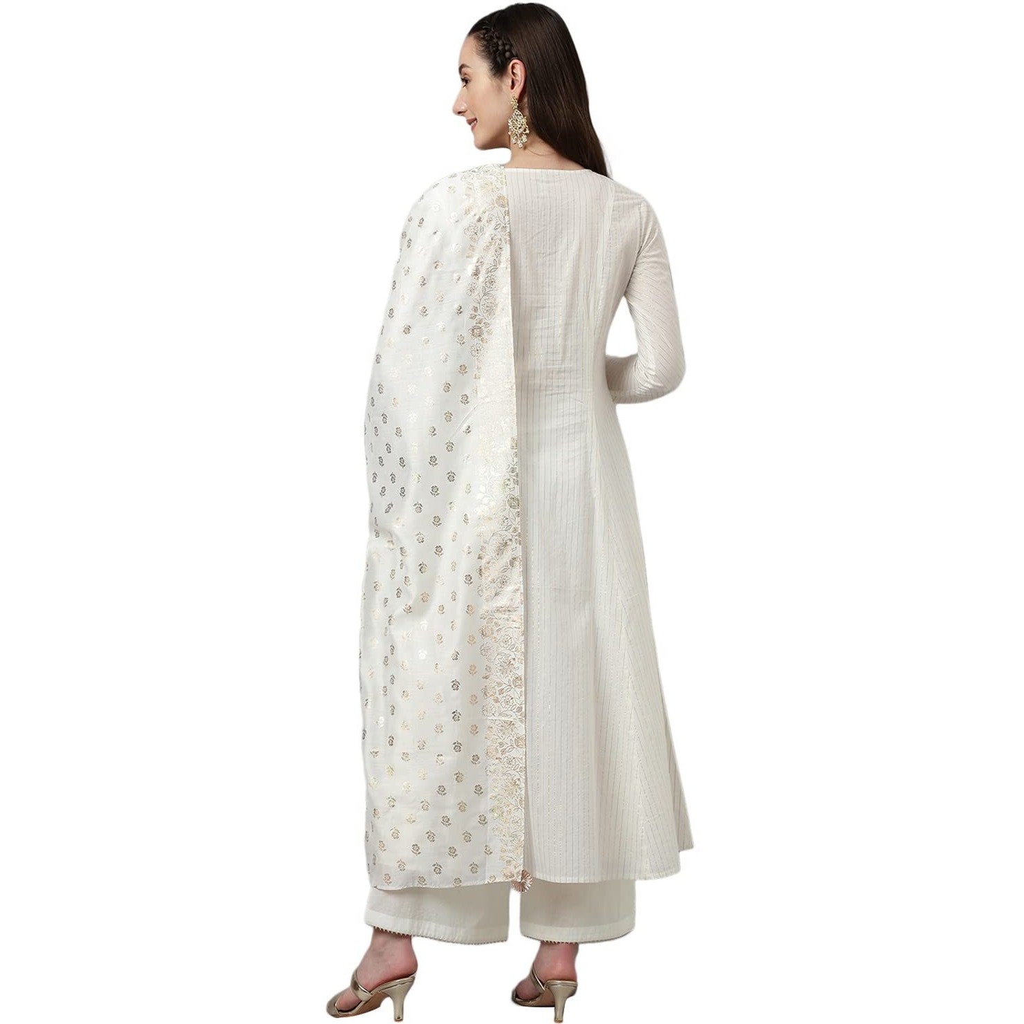 Fiorra Women's Off White Pure Cotton Flared Kurta With Palazzo And Dupatta Set0074-2Xl